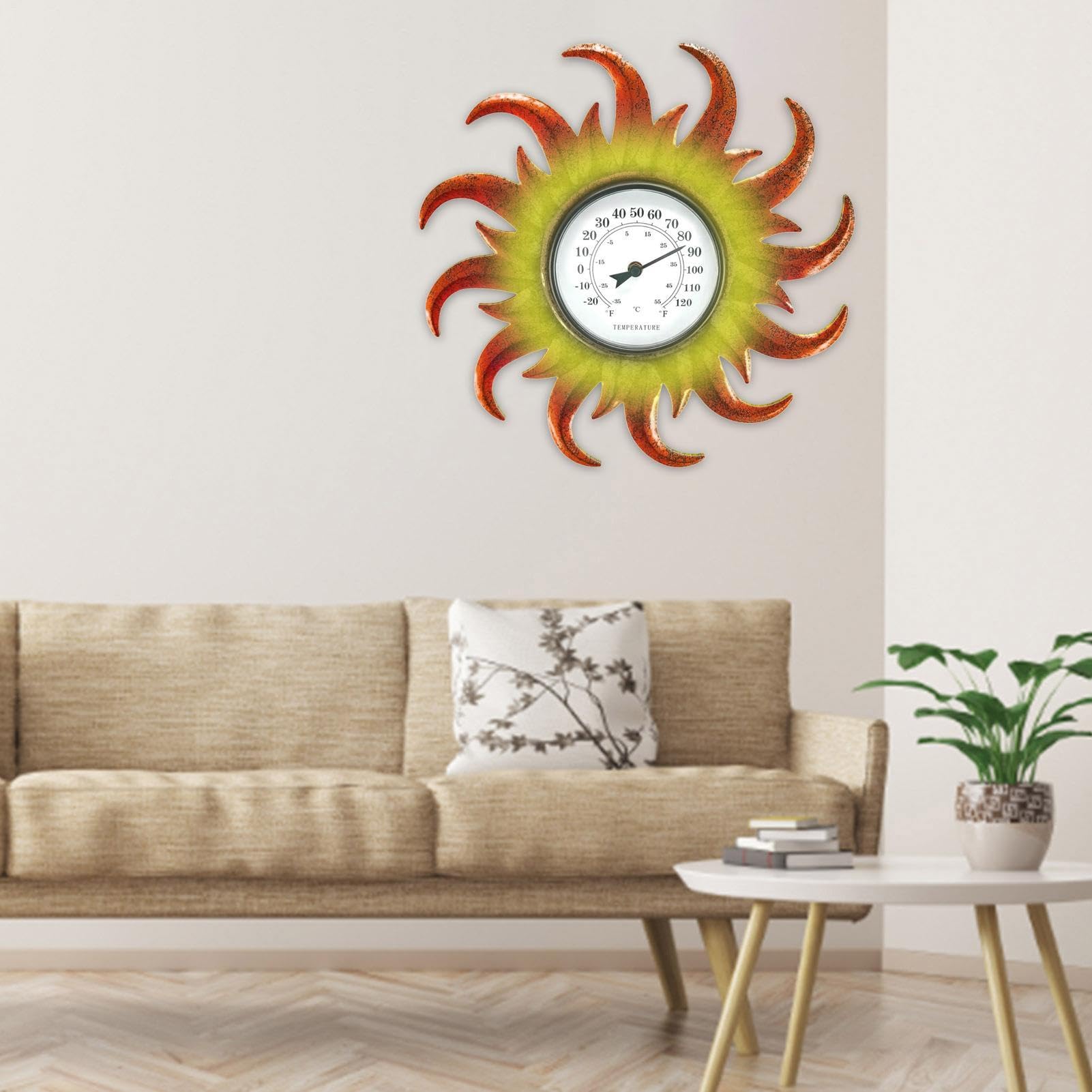 Termometro esterno – 40 x 40 x 4 cm ferro | termometro da giardino a forma | di sole | misuratore di temperatura per giardino, terrazza, decorazione della casa e monitoraggio delle intemperie