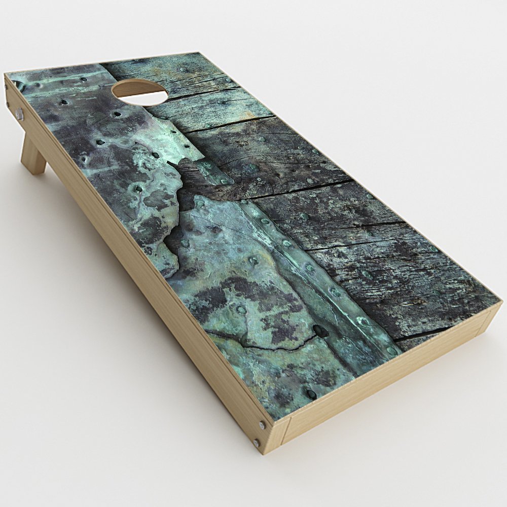 Skin Decal Vinyl Wrap for Cornhole Game Board Bag Toss (2xpcs.) Skins Stickers Cover/Patina Metal and Wood Blue