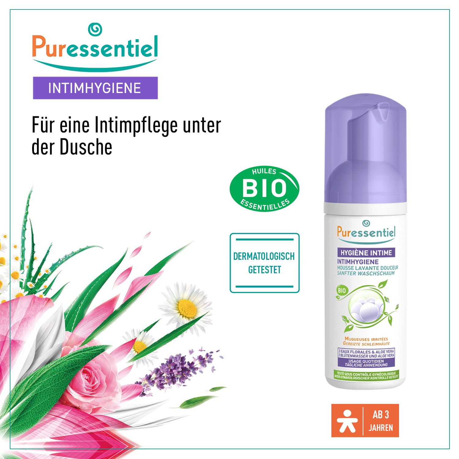 Puressentiel - Intimhygiene - Sanfter Waschschaum - Mit 3 Bltenwassern und  Aloe Vera - Bio - Zur tglichen Anwendung, um gereizte Schleimhute zu ...