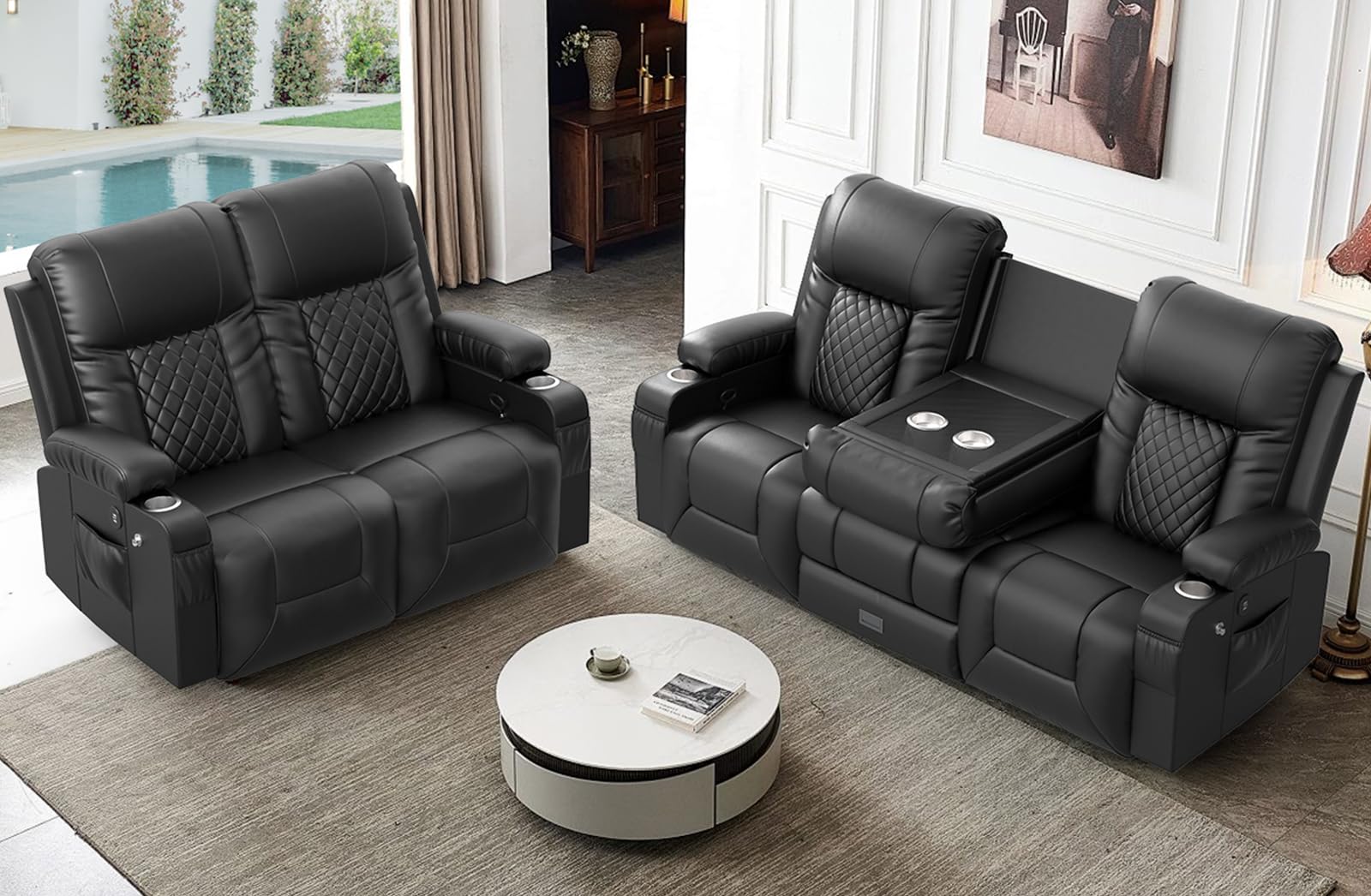 FURNIMAT Oversized Recliner Sofa Set with 2+3 Pieces in Living Room, PU Leather Loveseat Recliner Couch, 3 Seats Reclining Sofa with Flip Back Console