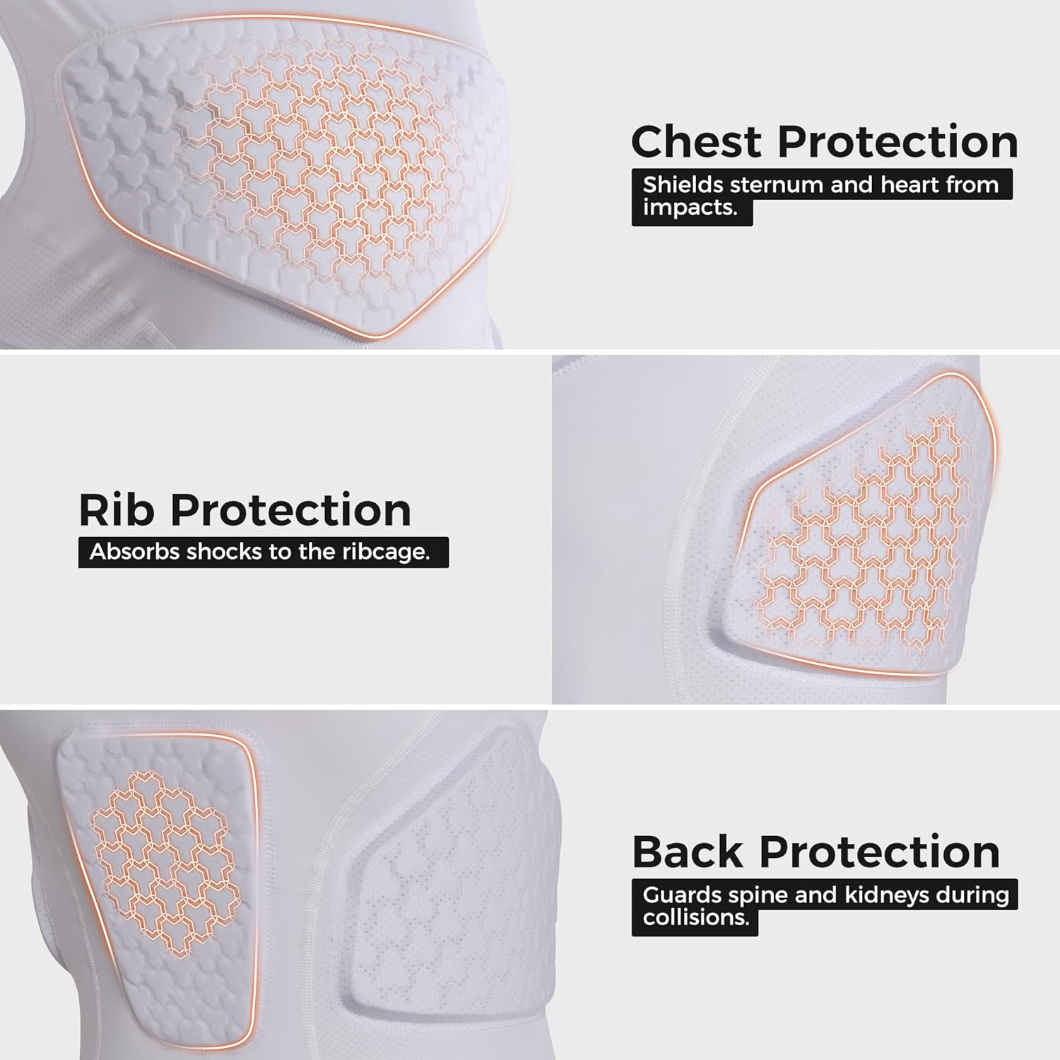 COOLOMG Adult Mens Padded Football Shirt Rib Chest Protector Compression Undershirt Rugby Lacrosse Back Protection