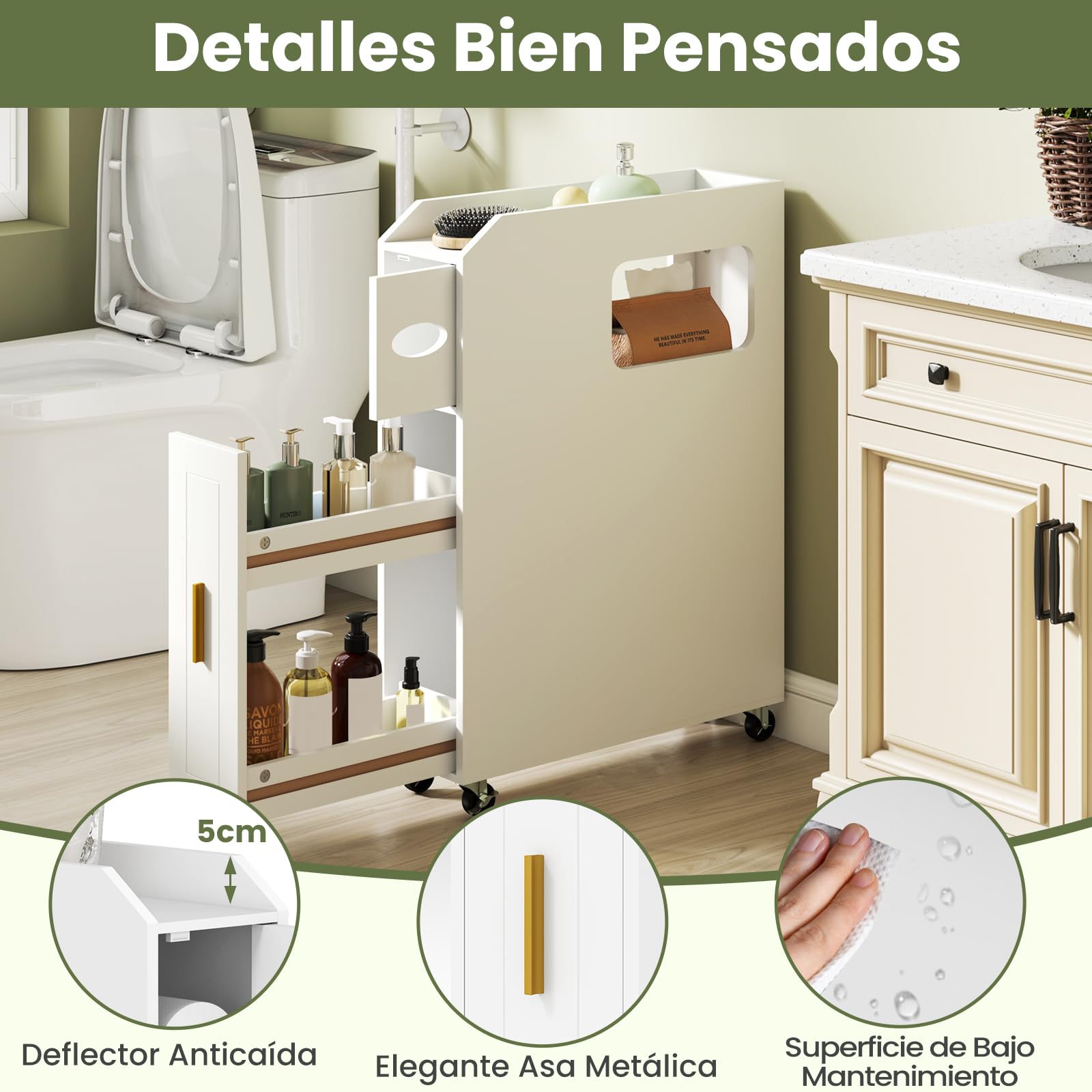 GIANTEX Mueble Estrecho de Baño con 2 Estantes Extraíbles y Compartimentos, Carro de Almacenamiento con 4 Ruedas, 50 x 16 x 69 cm, Armario Auxiliar Compacto para Baño, Salón, Dormitorio (Blanco)