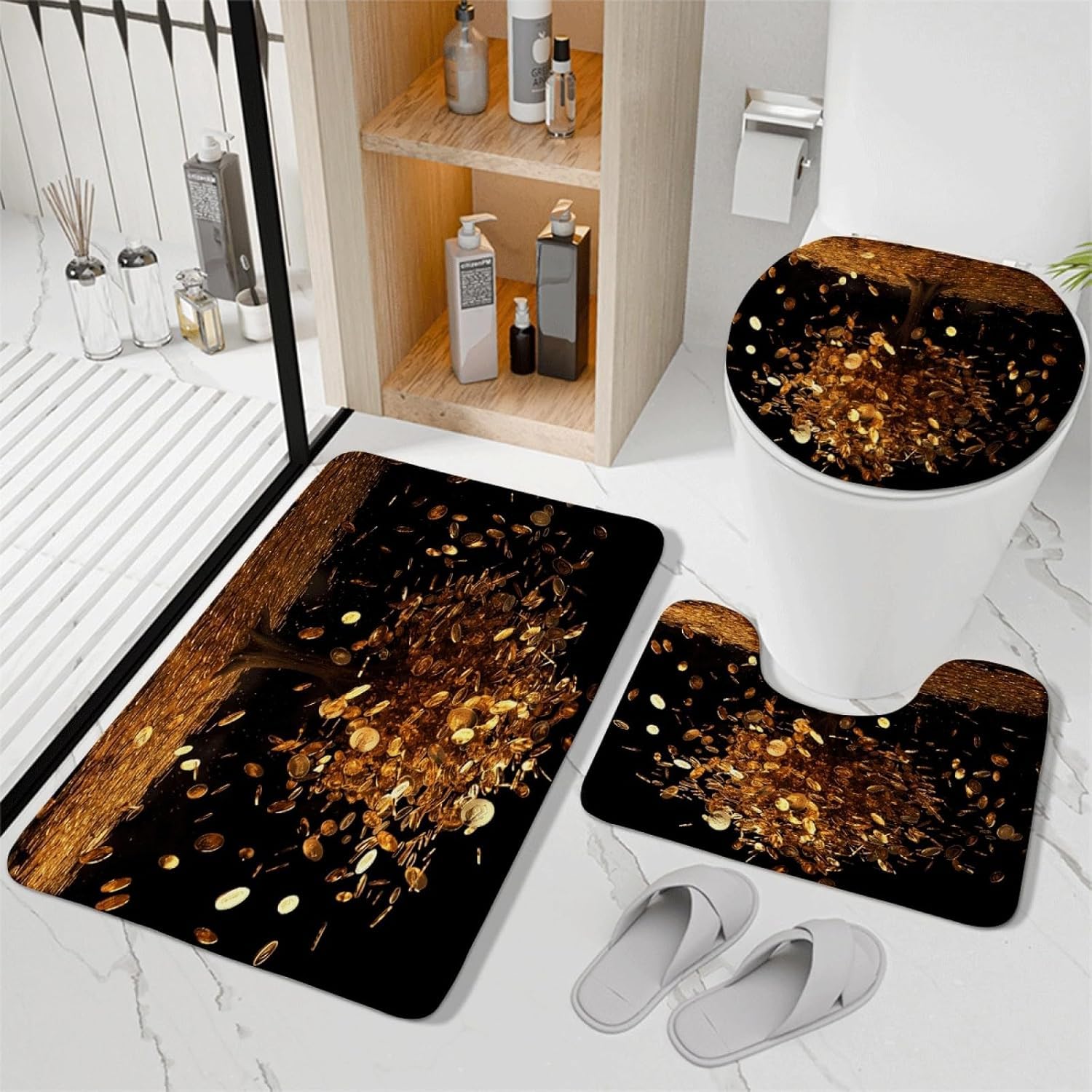 Set di tappetini da Bagno 3 Pezzi Golden Tree Antiscivolo per Bagno Tappeto Lavabile in Memory Foam Tappeto copriwater tappetini a Forma di U 50x80 cm