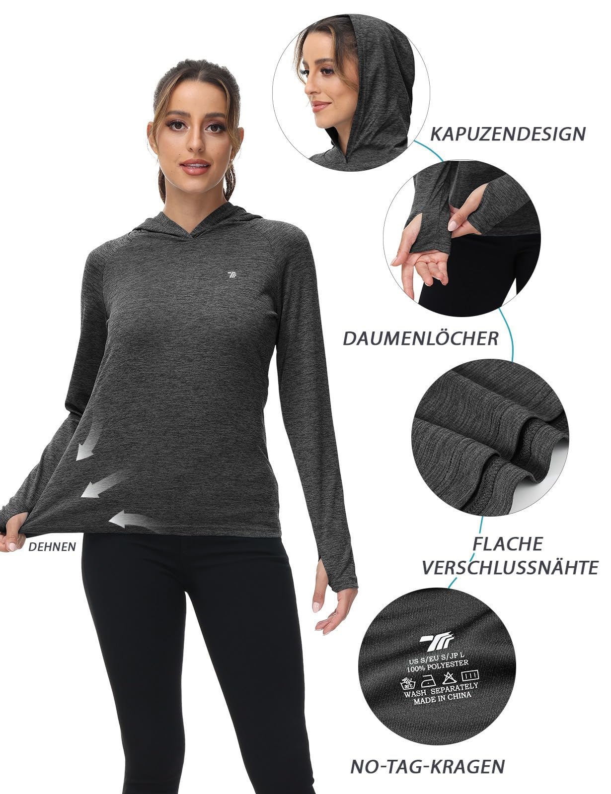 Rdruko Sportshirt Damen Langarm Laufshirt UV Shirt Sun Hoodie Sonnenschutz UPF 50+ Pullover mit Kapuze