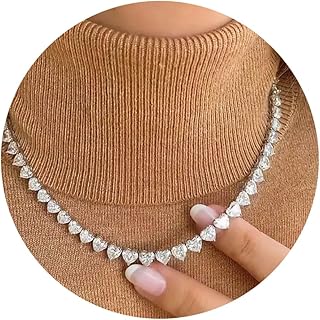 Fesciory Silver Plated Rhinestone Necklaces for Women, Dainty Adjustable Layered Tennis Heart Choker Jewelry Gifts for Parties and Weddings