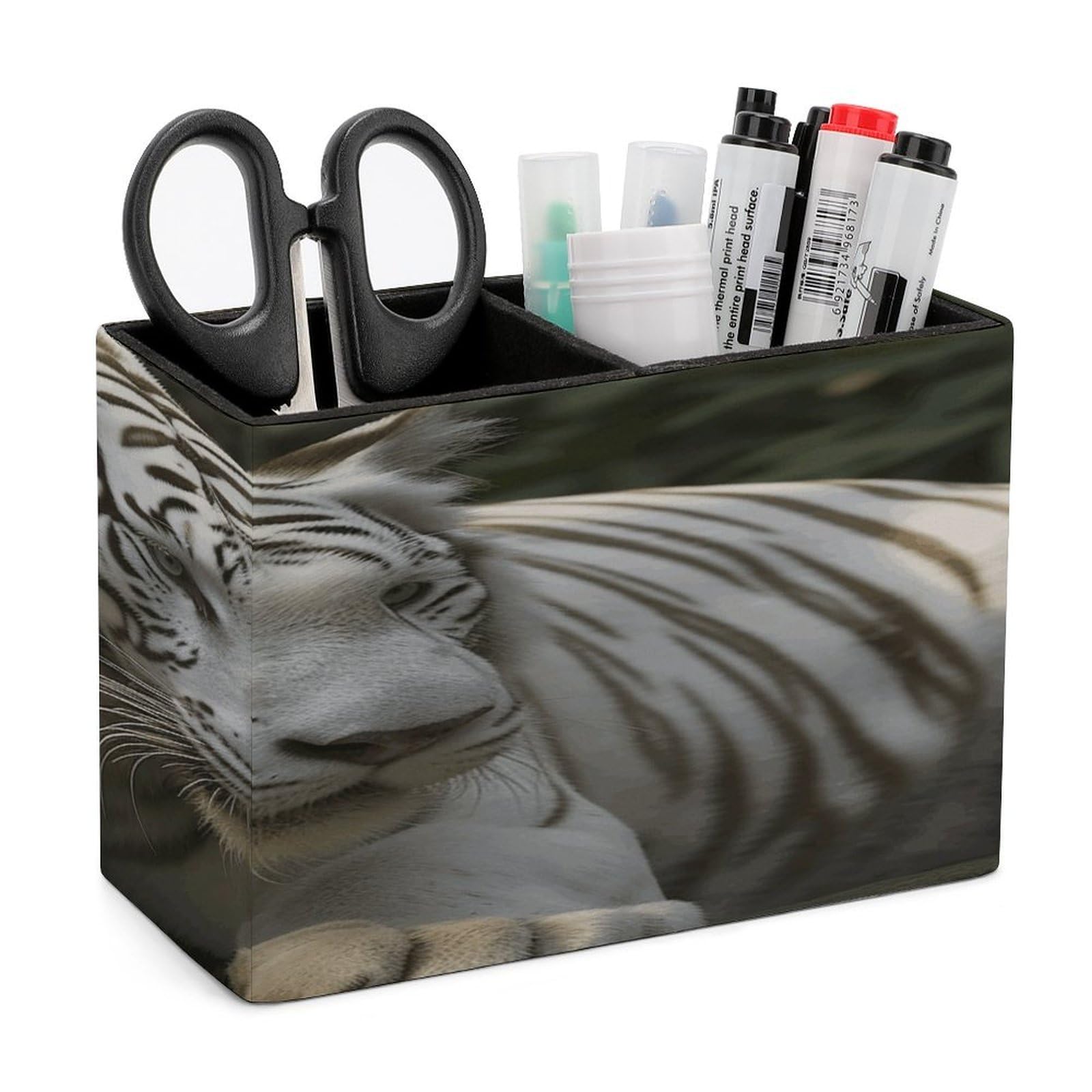 VstaDank White Bengal Tiger Pen Holder Double Compartments Pen Cup Fashion Makeup Brush Holders Leather Pencil Holder for Work Locker Accessories Modern Pencil Cup for Desk Organizer