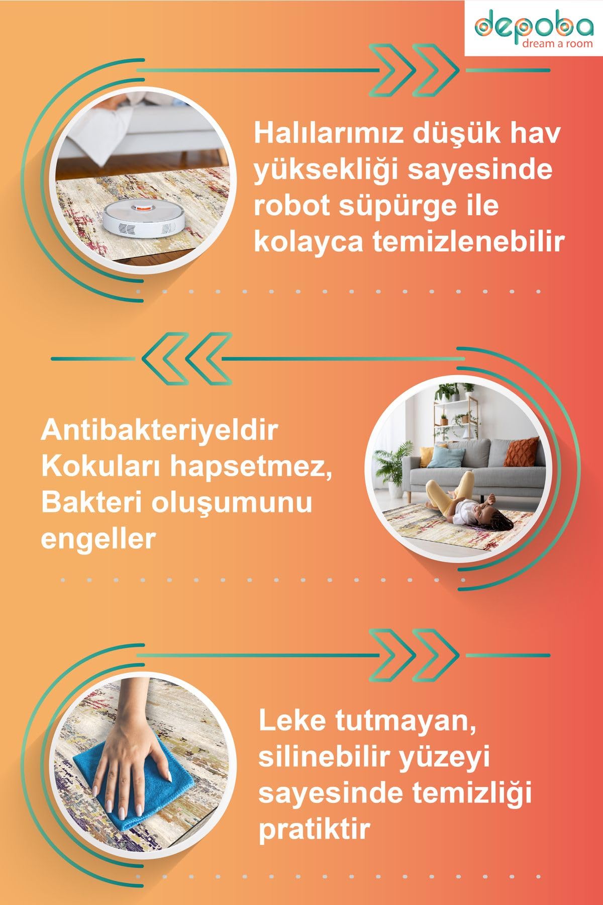 Depoba Enolas Vintage Şönil Kaymaz Doğal Pamuk Tabanlı Yıkanabilir Antibakteriyel Çevre Dostu Salon Halısı 120x180