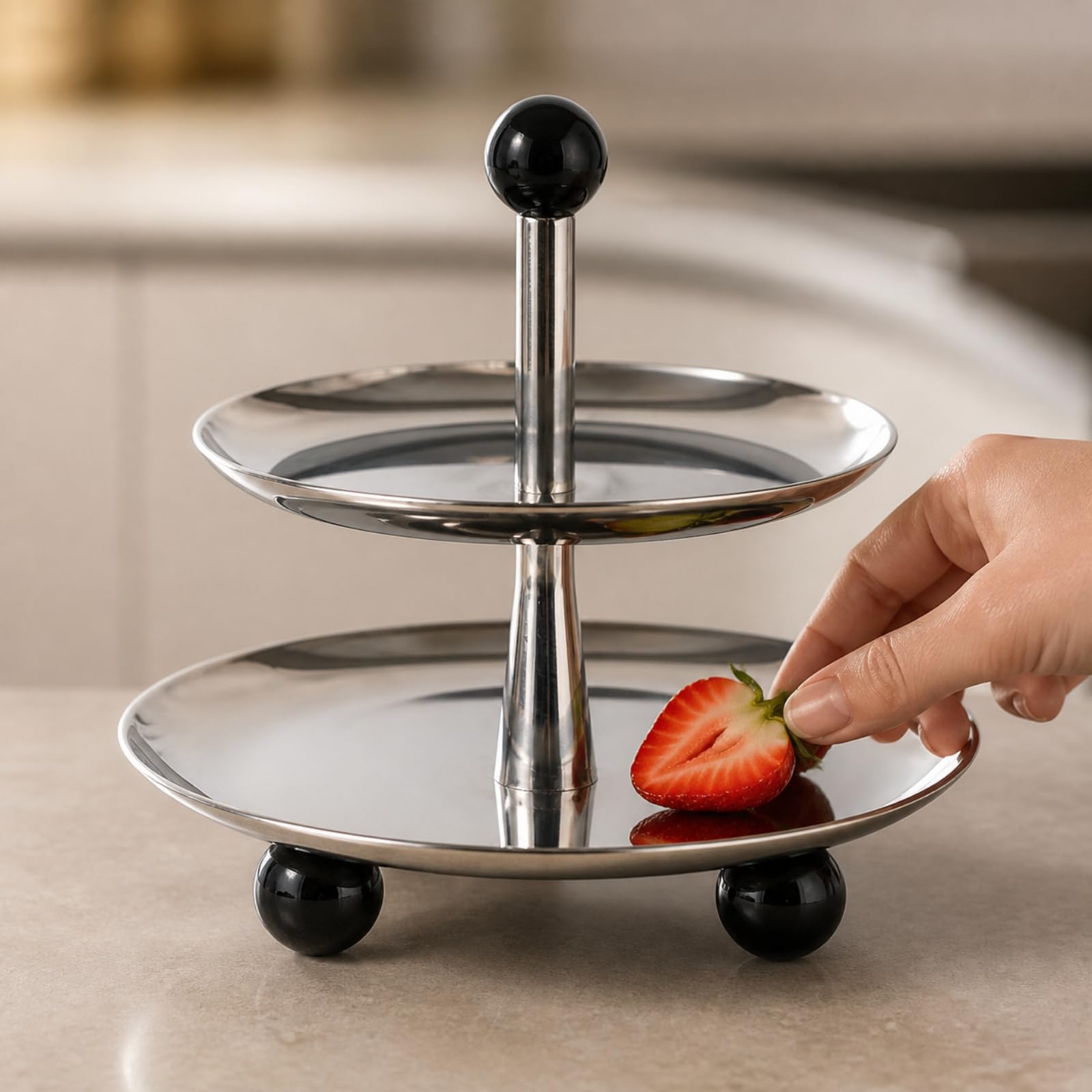 Expositor Frutas y Postres Metal Reflectante Estante Vertical con Dos Banjas Redondas Versátil para Buffet