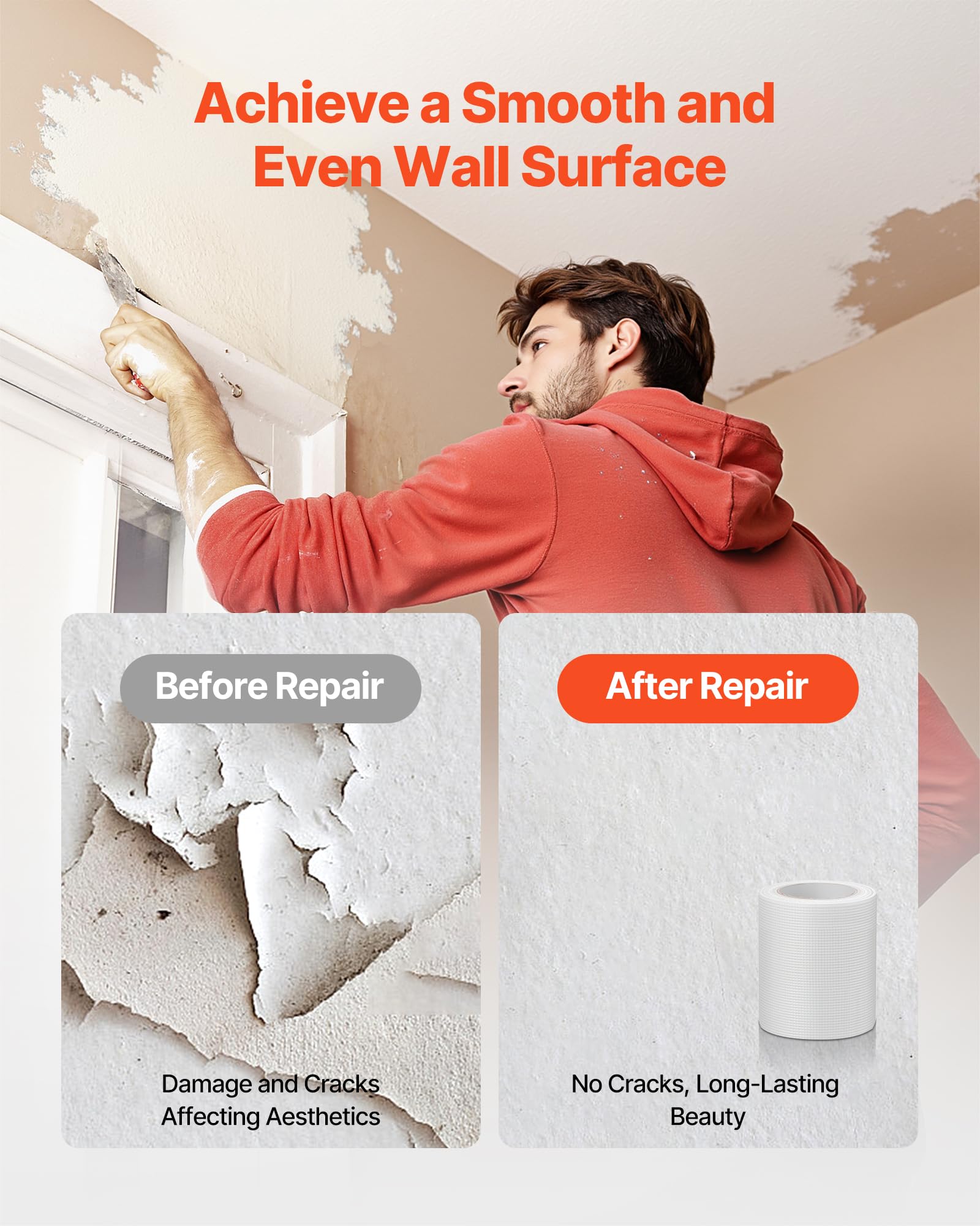 VEVOR Nastro per Cartongesso 30 m x 150 mm Nastro in Fibra di Vetro Autoadesivo per Giunti in Cartongesso, 12 Rotoli, Ideale per Riparare Crepe su Soffitti, Pareti Interne o Esterne, Bianco
