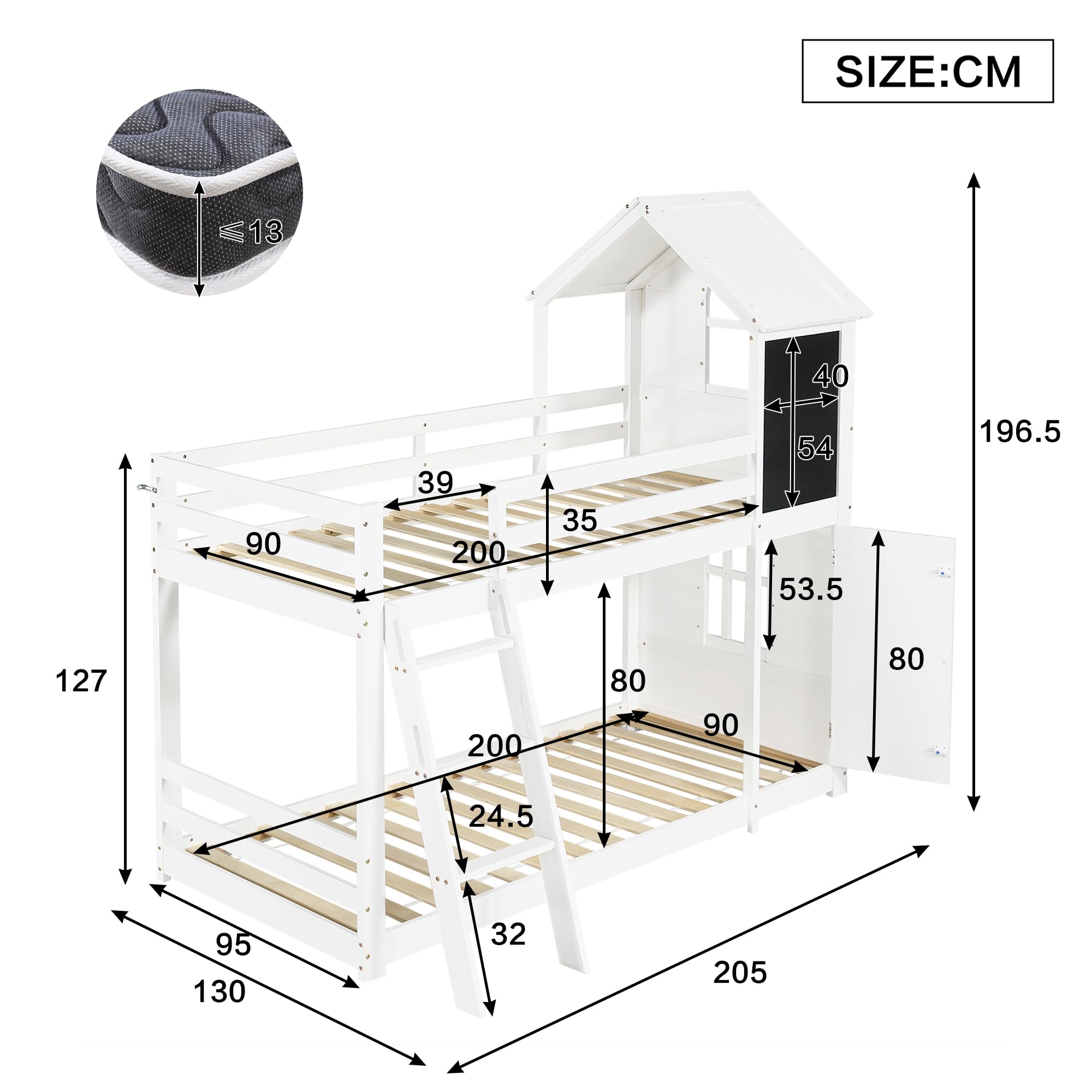 Łóżko piętrowe, łóżko piętrowe, 90 x 200 cm, białe, lite drewno, płyta MDF z małymi drzwiami, tablica, dach, okno, skośna rama łóżka, meble do spania do pokoju młodzieżowego, pokoju gościnnego (bez