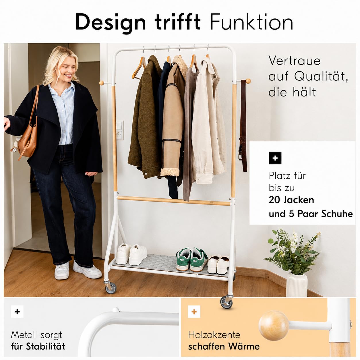 ASKA Premium Kleiderständer auf Rollen Stabil Schwerlast bis 120 kg Clothing Rack Garderobenständer Holz Metall Kleiderstange mit Schuhablage Rollbarer Kleiderständer Weiß Birkenholz