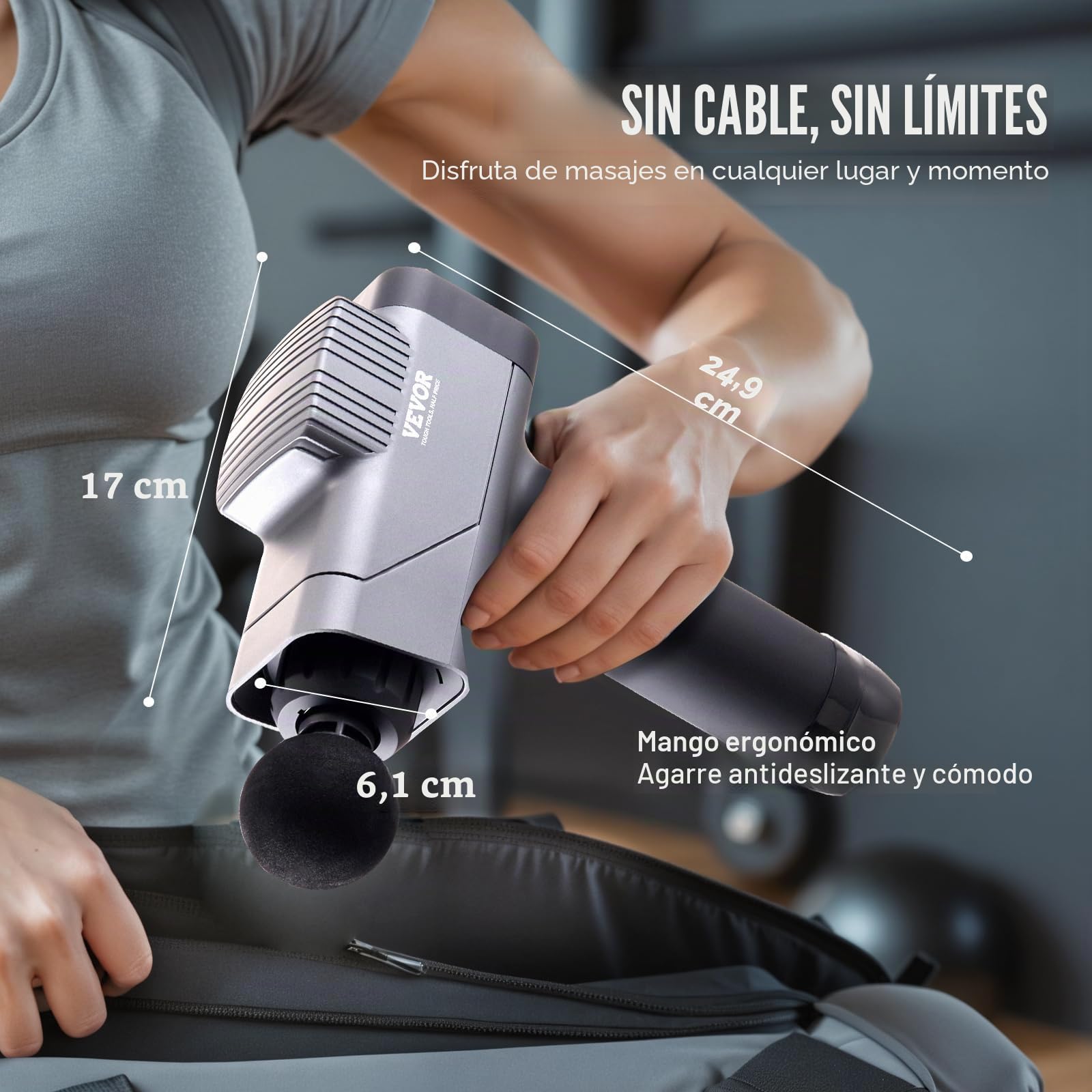 VEVOR Pistola de Masaje de Tejido Profundo, Masajeador Muscular de Percusión para Atletas, 8 Niveles de Velocidad y 6 Cabezales, 2500 mAh, para Aliviar el Dolor Relajación Muscular, 250 x 170 x 60 mm