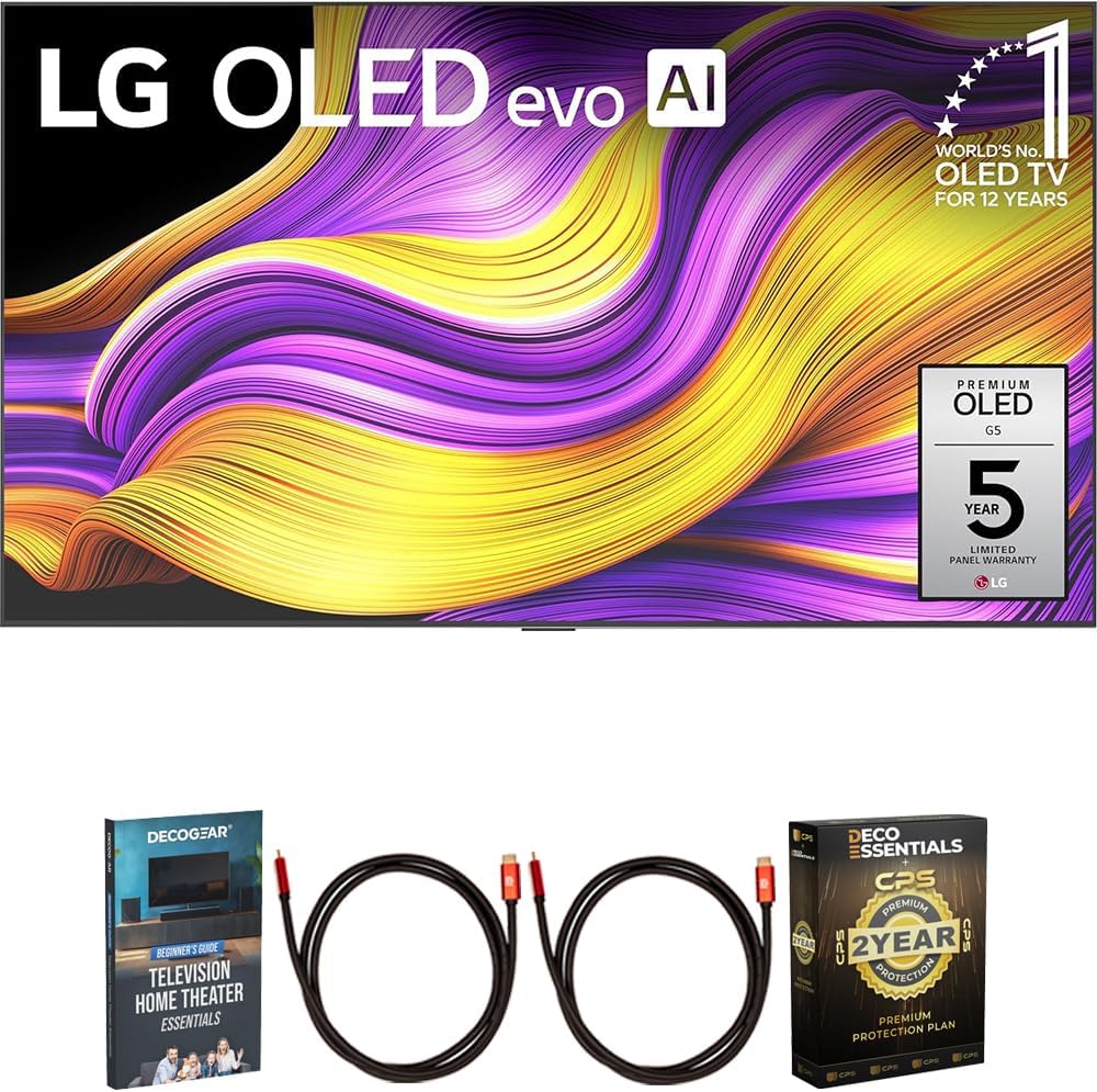 LG 77 Inch G5 Series OLED evo 4K UHD Smart webOS TV with One Wall Design 2025 OLED77G5WUA Bundle with Home Theater Guide, 2 HDMI Cables and Deco Essentials CPS 2 Year Premium Extended Protection Pack