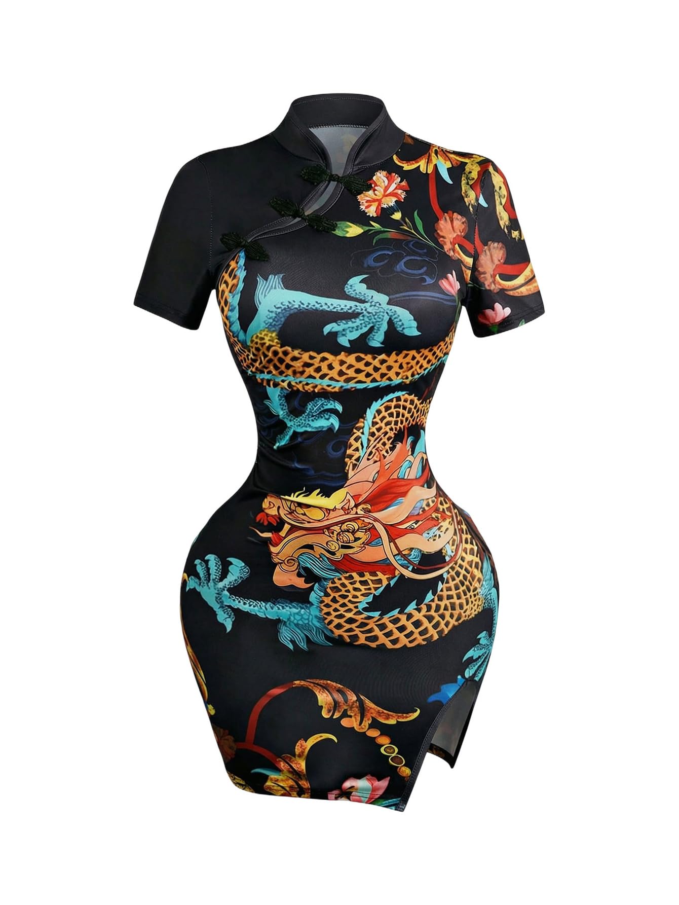 Photo 1 of OYOANGLE Women's Dragon Print Cheongsam Dress Black Size Large
