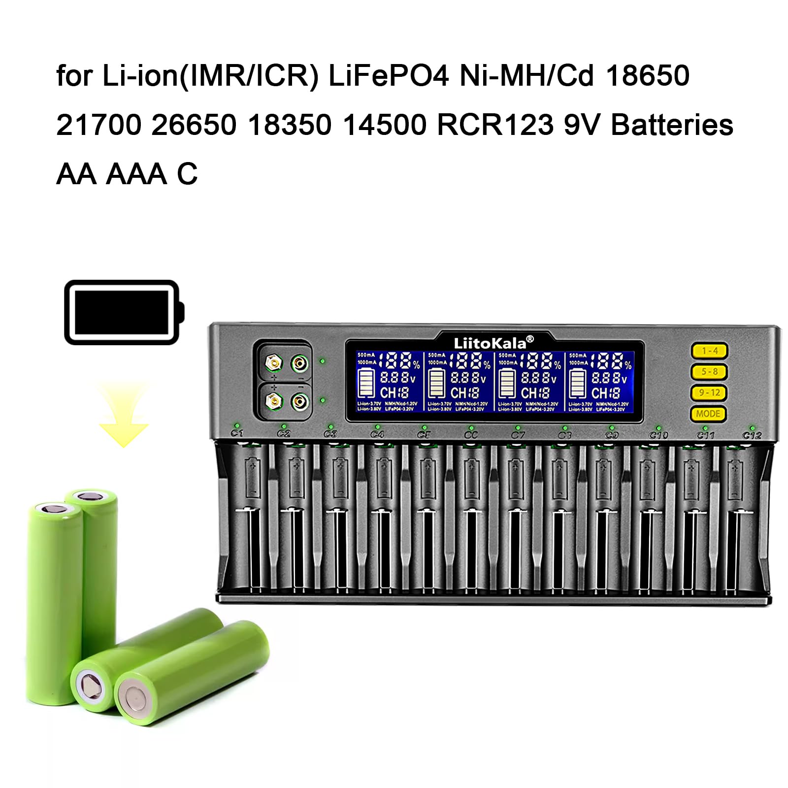 Szybka ładowarka akumulatora LCD 12-gniazdowa uniwersalna IMR/ICR LiFePO4 Ni-MH/Cd 18650 21700 26650