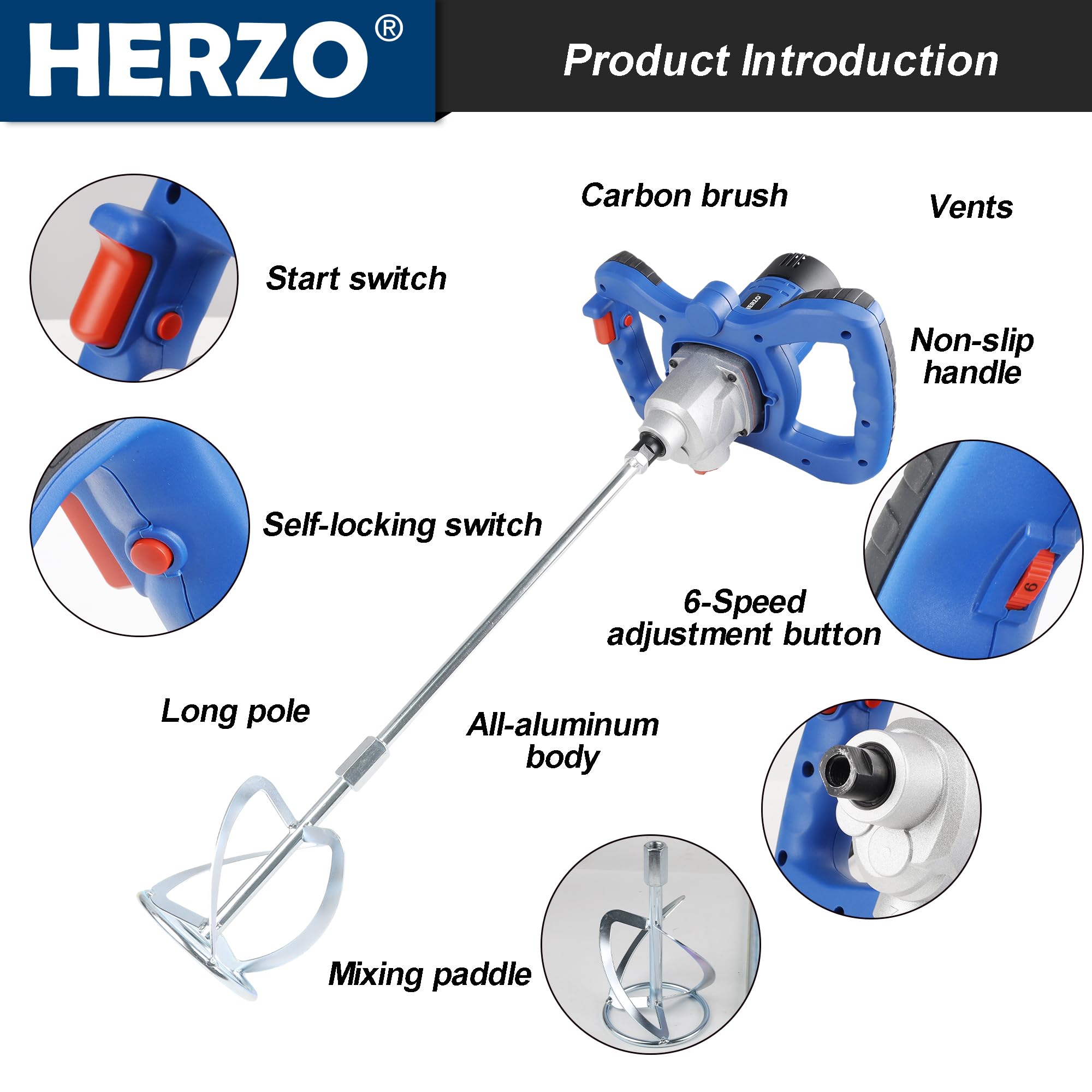 HERZO Mörtelrührer 1300W mit M14 Rührstab, 2-Gang-Einstellung & variabler Drehzahl – Elektrisches Rührwerk für Beton, Zement, Mörtel, Farbe & Putz