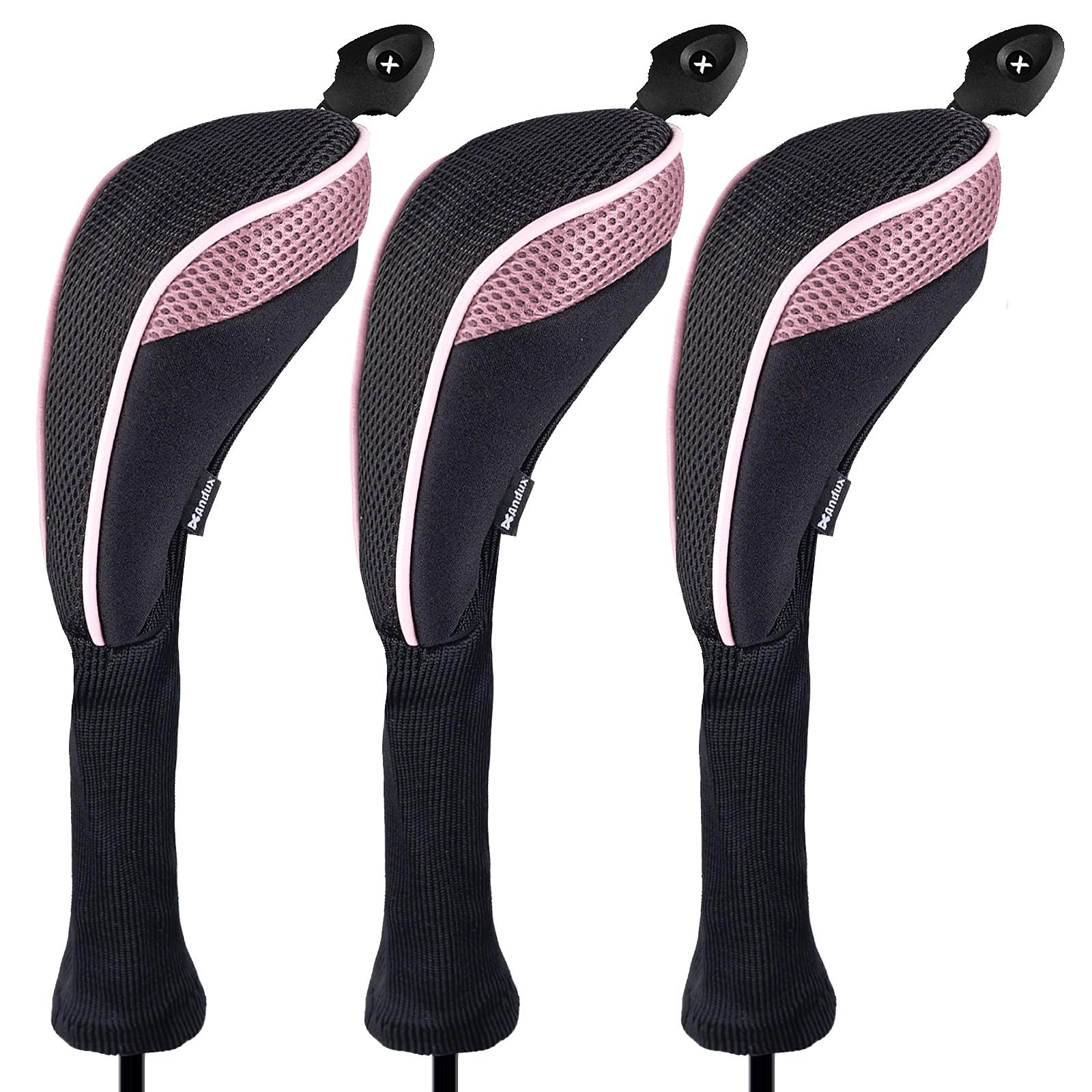 Andux Long Neck Golf Hybrid Club Head Covers with Dial No. Tag CTMT-01 (Black/Pink,3pcs)