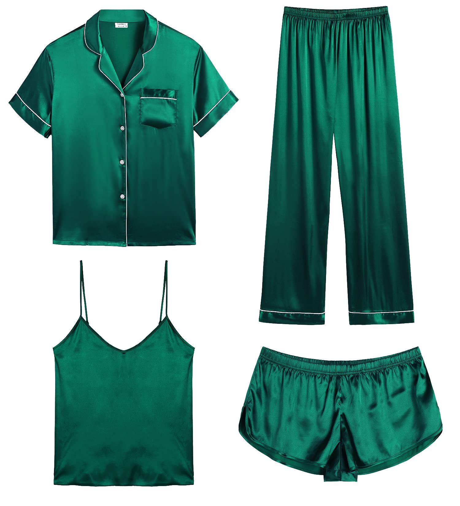 SWOMOG Womens Silk Satin Pajamas Sets 4pcs Sleepwear Sexy Cami Shorts Set and Button Down Short Sleeve Pjs Loungewear Persian Green XX-Large