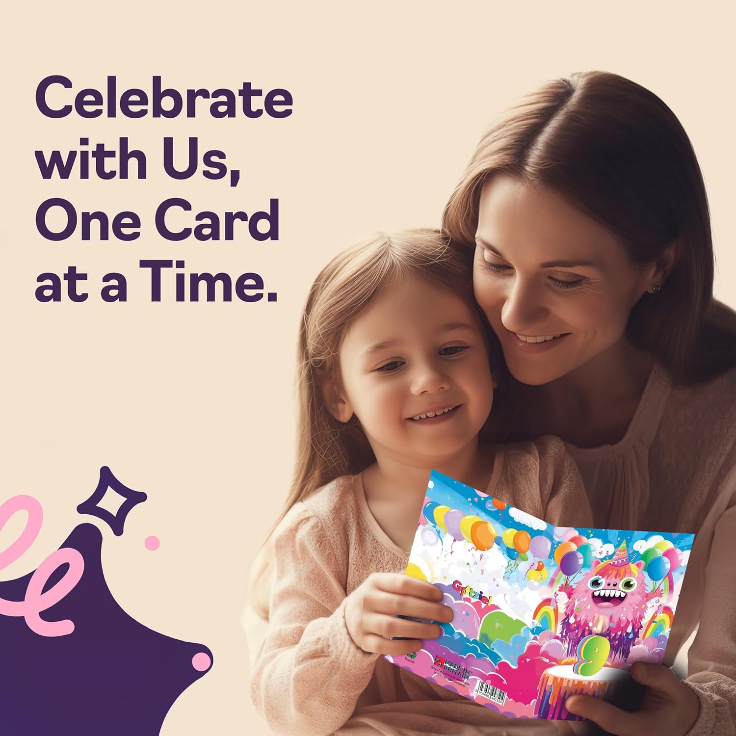 Giftzie 9th Birthday Card Boys Girls - Little Monster Party - Happy Birthday Card for 9 Year Old Boy Girl Kids, 5x7 Inch Nine Ninth Bday Cake Greeting Cards