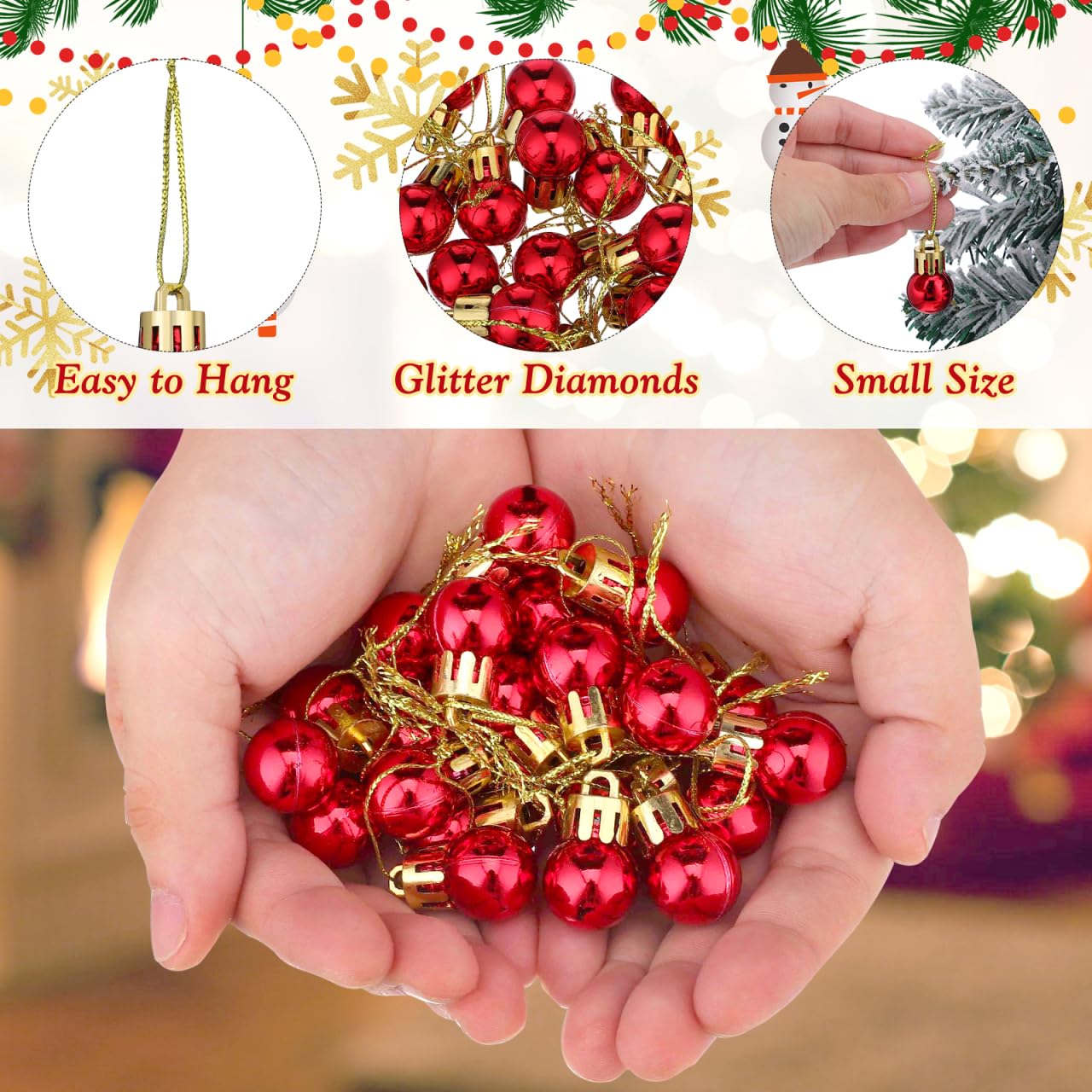 TOPBATHY Lot de 24 Boules de Noël Rouges en Plastique 2 Cm Décoratives et Faciles à Suspendre pour Arbre de Noël et Décoration Intérieure Festive
