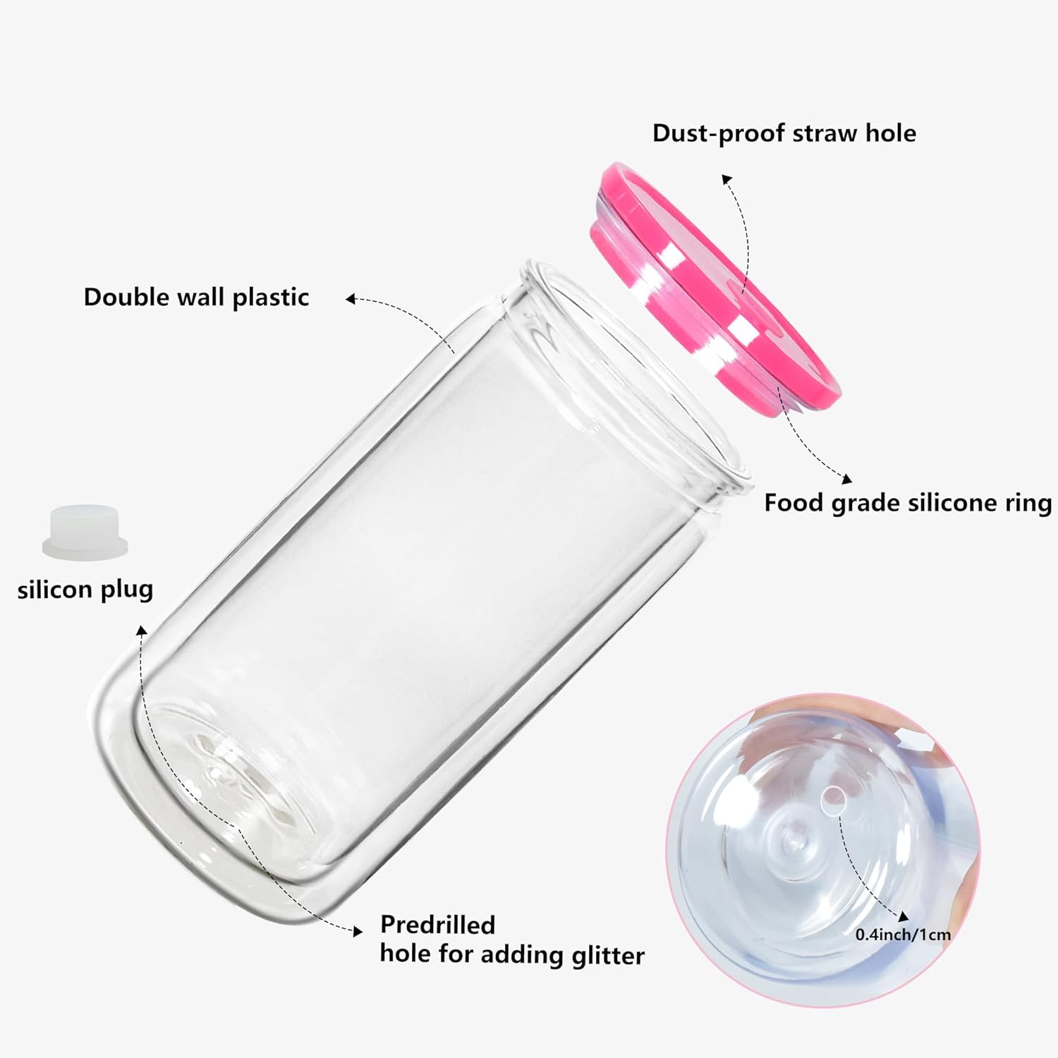 16 oz Plastic Snow Globe Tumbler Double Wall Snowglobe Tumbler with Pre Drilled Hole Can with Lids and Straws Plastic Mason Jar Mug for Snow Globe Glitter DIY Gift - Image 5