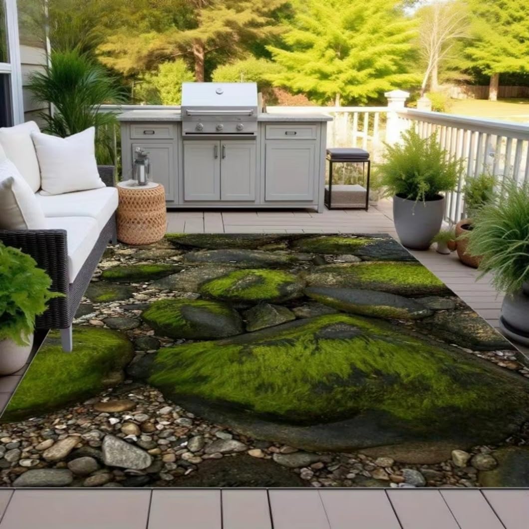 Tappeto Esterno 3D Effetto Pietra con Muschio, Tappeto Antiscivolo Resistente all'Acqua e ai Raggi UV, Tappeto Decorativo per Terrazzo Giardino Patio Soggiorno (COLORE-2,120x180cm)