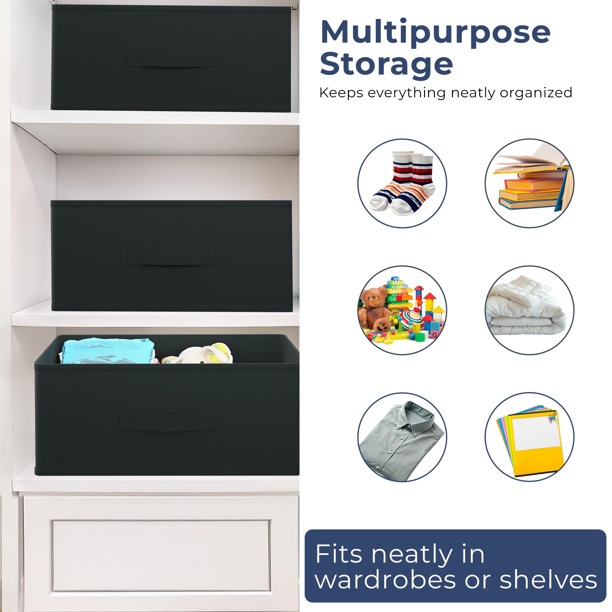 Kuber Industries Organizzatore per armadio in tessuto non tessuto, 26 litri, organizer per cassetti, organizer multiuso per vestiti, libri e giocattoli, 6 pezzi, nero