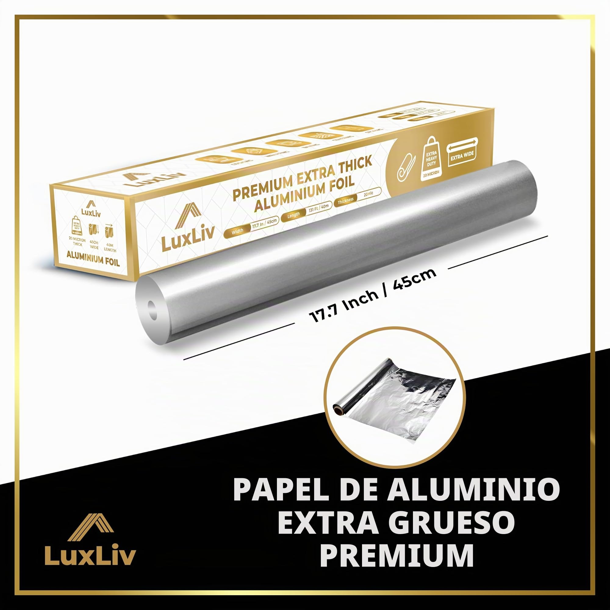 Rollo de papel de aluminio extra ancho resistente – 18 pulgadas x 131 pies de largo, 20 micras de grosor, 193 pies cuadrados – Grado comercial y extragrueso, para asar a la parrilla, cocina casera