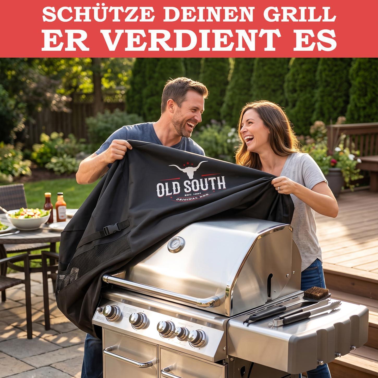 Old South - Grillabdeckung Wetterfest - Grill Abdeckhaube für Gasgrill | Für Weber, Napoleon, Enders, Rösle - Grillhaube Cover Wasserdicht (132 x 65 x 110 cm, Schwarz)