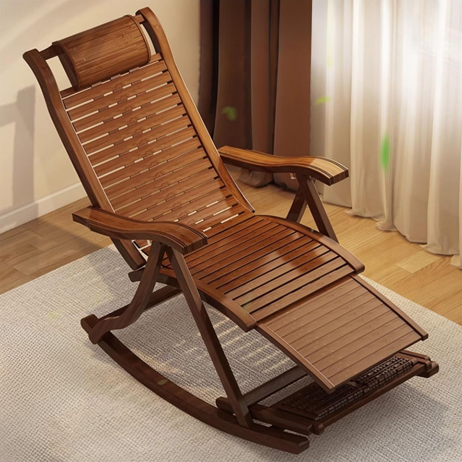 Sillón reclinable Plegable, Mecedora con reposapiés de Masaje, sillón para Adultos Mayores, Respaldo Ajustable, sillón mecedor para Exteriores, Silla de Ocio de Bam(Marrón-Talla única