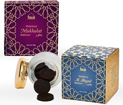 Maamoul Al Mukhalat, Al Abyad by Dukhni | 2 x 40gms Jars Arabian Oudh Bukhoor | White Oud & Saffron Oud Blend I Perfect for Prayer Time | Home Fragrance, Islamic Gifts for Home