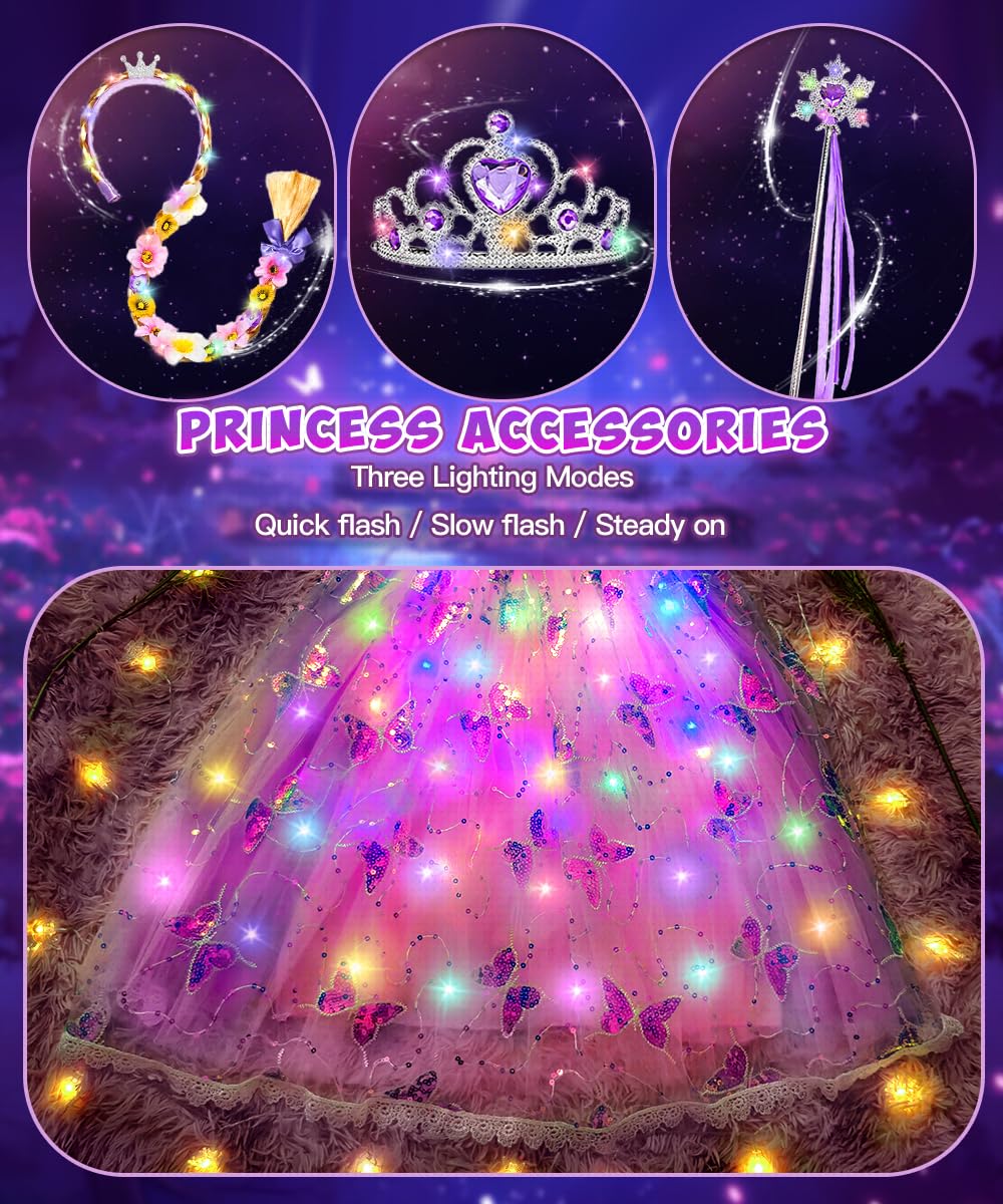Vestito Principessa, LED Costume Principessa Bambina con Set Corona Principessas Luminoso, Vestiti Costume Carnevale, Vestito da Principessa per Cosplay