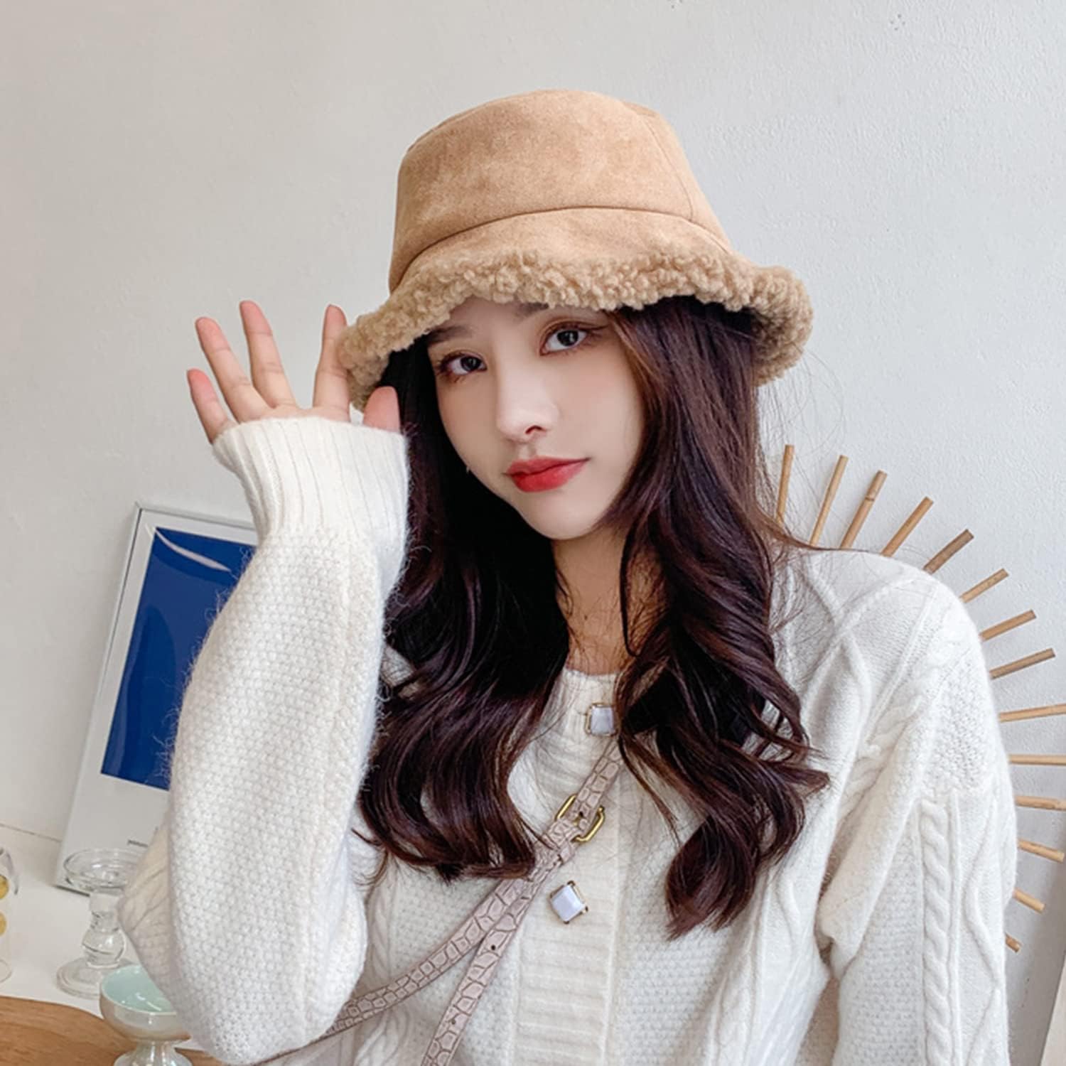 Peicees Winter Fluffy Bucket Hat for Women Fuzzy Warm Bucket Hat with Faux Fur Reversible Fisherman Cap - Image 3
