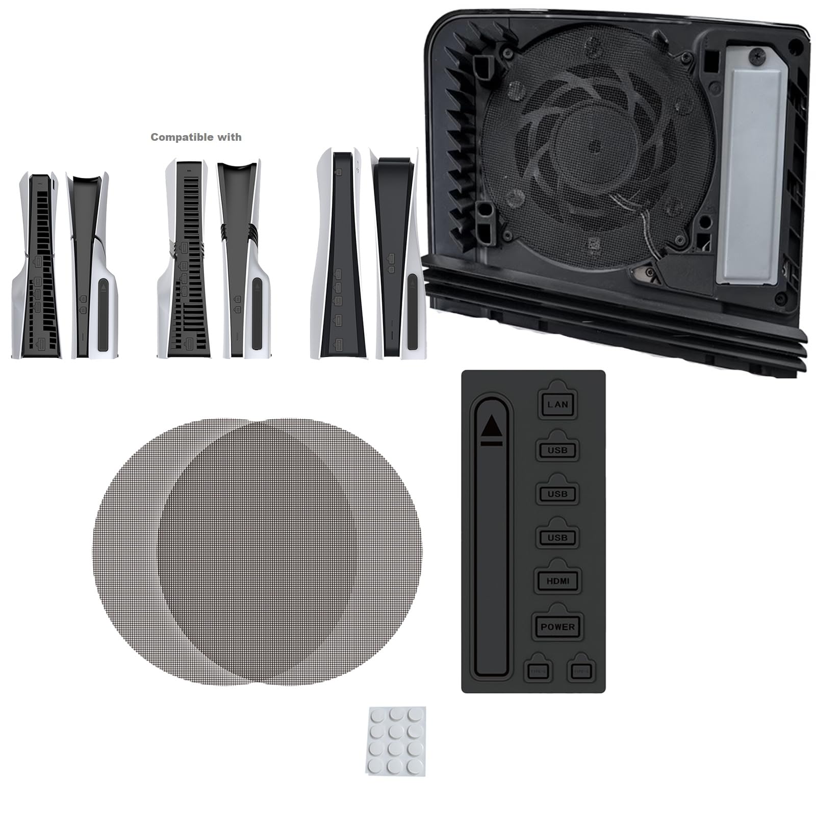 pss dust protection kit with cooling fan filter & silicone port plugs – anti-dust cover compatible with playstation 5/ ps5 pro, ps5 slim, ps5 disc & digital edition console dust proof kit - (2x fan filter, 9x silicone plugs, 12x mano gel)