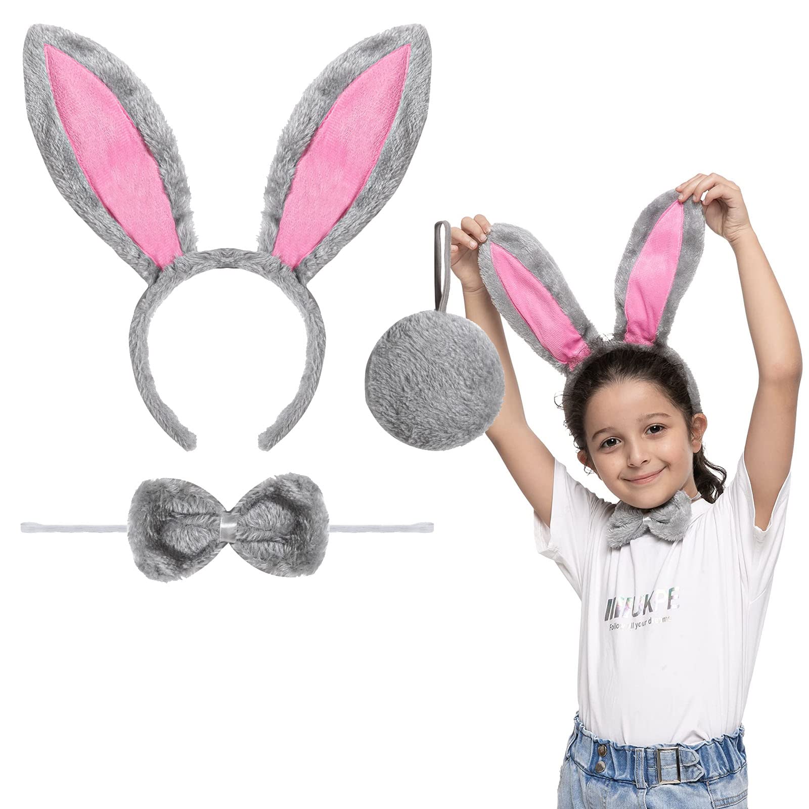 Bunny Ears Headband, 3 Pcs Bunny Accessories Set Including Rabbit Bunny Ears Headband, Bow Tie and Tail for Cosplay Party Dress Up Accessories