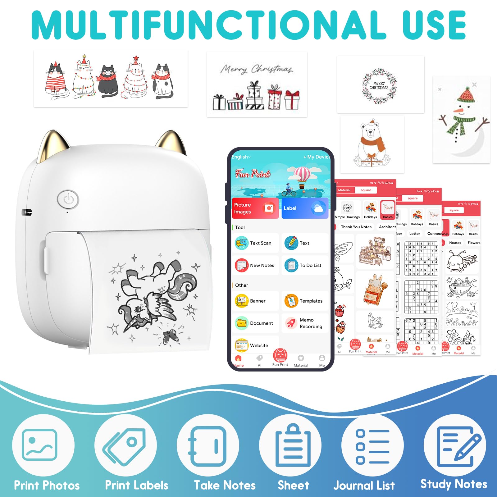 Mini Impresora para Movil, Mini Impresora Termica Fotográficas, Bluetooth Inalámbrico Impresora Térmica con 14 Rollos de Pape, Portátil Impresora Termica,Movil Impresora Fotos,para Fotos Nota