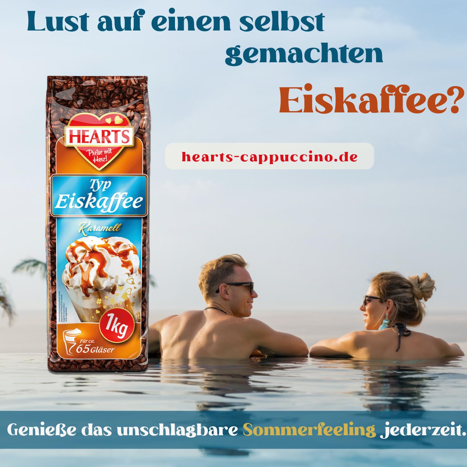 HEARTS kawa mrożona w proszku karmelowa 20 x 1 kg, korzystne opakowanie idealne na stacje benzynowe, piekarnie, hotele, przedsiębiorstwa itd. – Zmielona kawa na lato, Frappe Art, letni napój,
