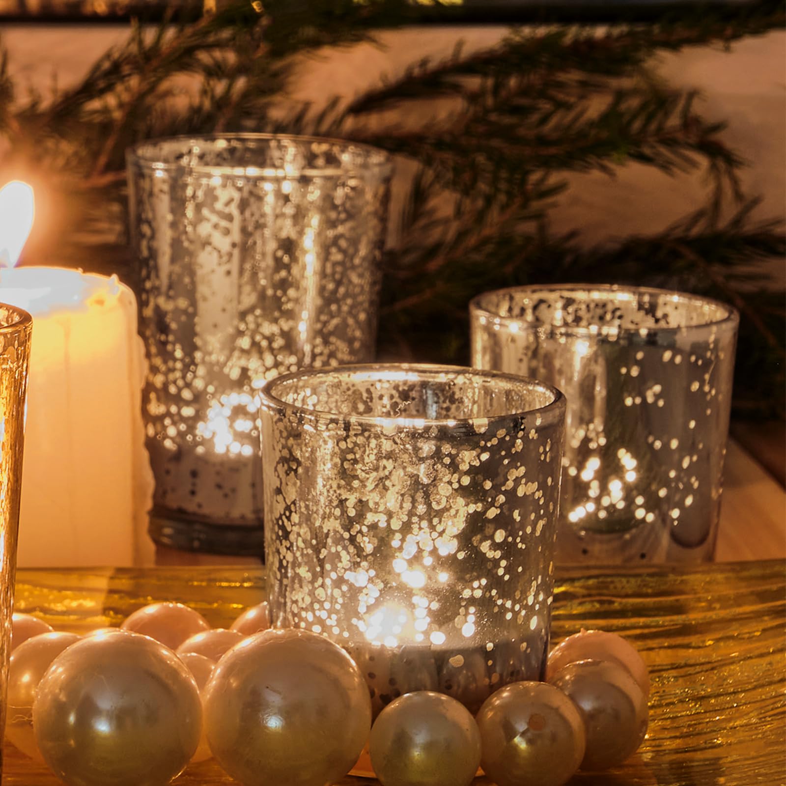 12 Stück Silber Teelichthalter, 6.8cm Teelichthalter Glas,Teelichtgläser Deko für Geburtstag, Party, Hochzeit, Feier, Haushalt, Gastronomie Beleuchtung