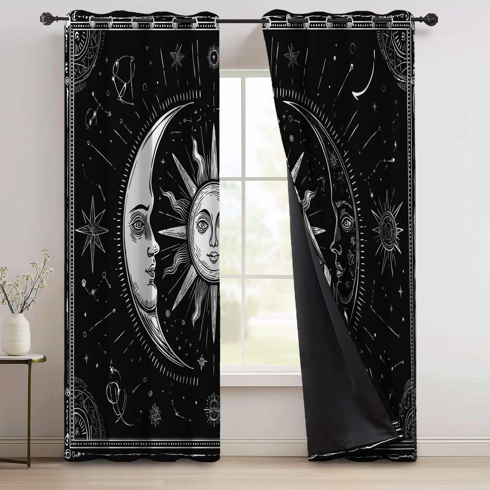 Tende Oscuranti Termiche L 140 x A 260 cm 2 Pezzi Retro Fantasy Sole Luna E Astrologia Nero Anti Luce Anti UV Isolanti Dal Calore Con Occhielli