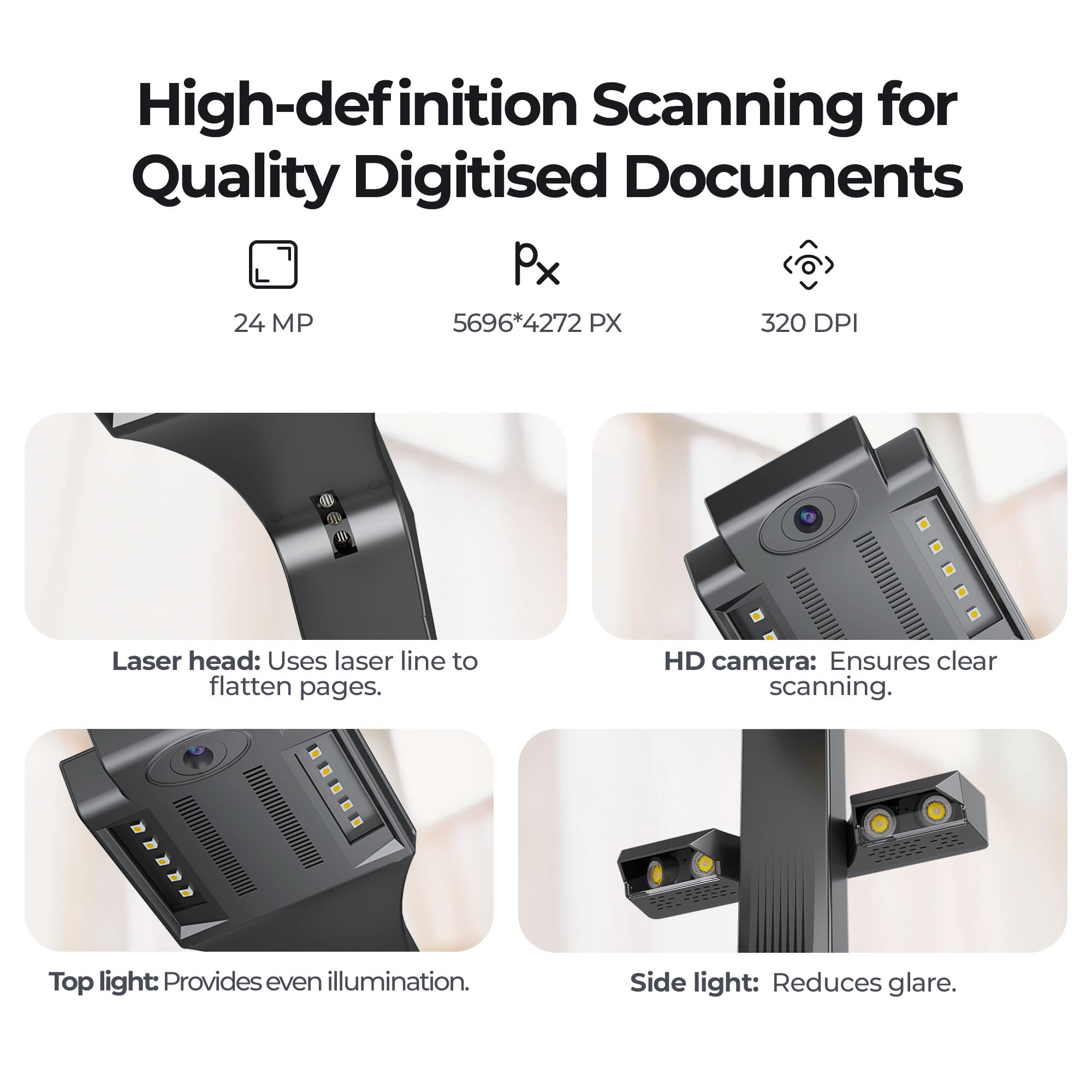 CZUR ET24 Pro A3 Buchscanner 24MP Scanner mit HDMI, A3 Scanner mit Laser Verflachungstechnologie, OCR 180+Sprache, Dokumentenscanner Visualizer für Windows, macOS und Linux