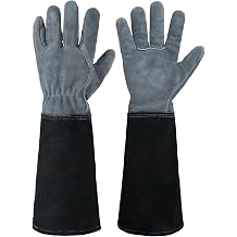 HANDLANDY Long Gardening Gloves for Men & Women, Cowhide Leather Rose Pruning Gloves, Breathable Thorn Proof Gauntlet Glove Slate Gray, M