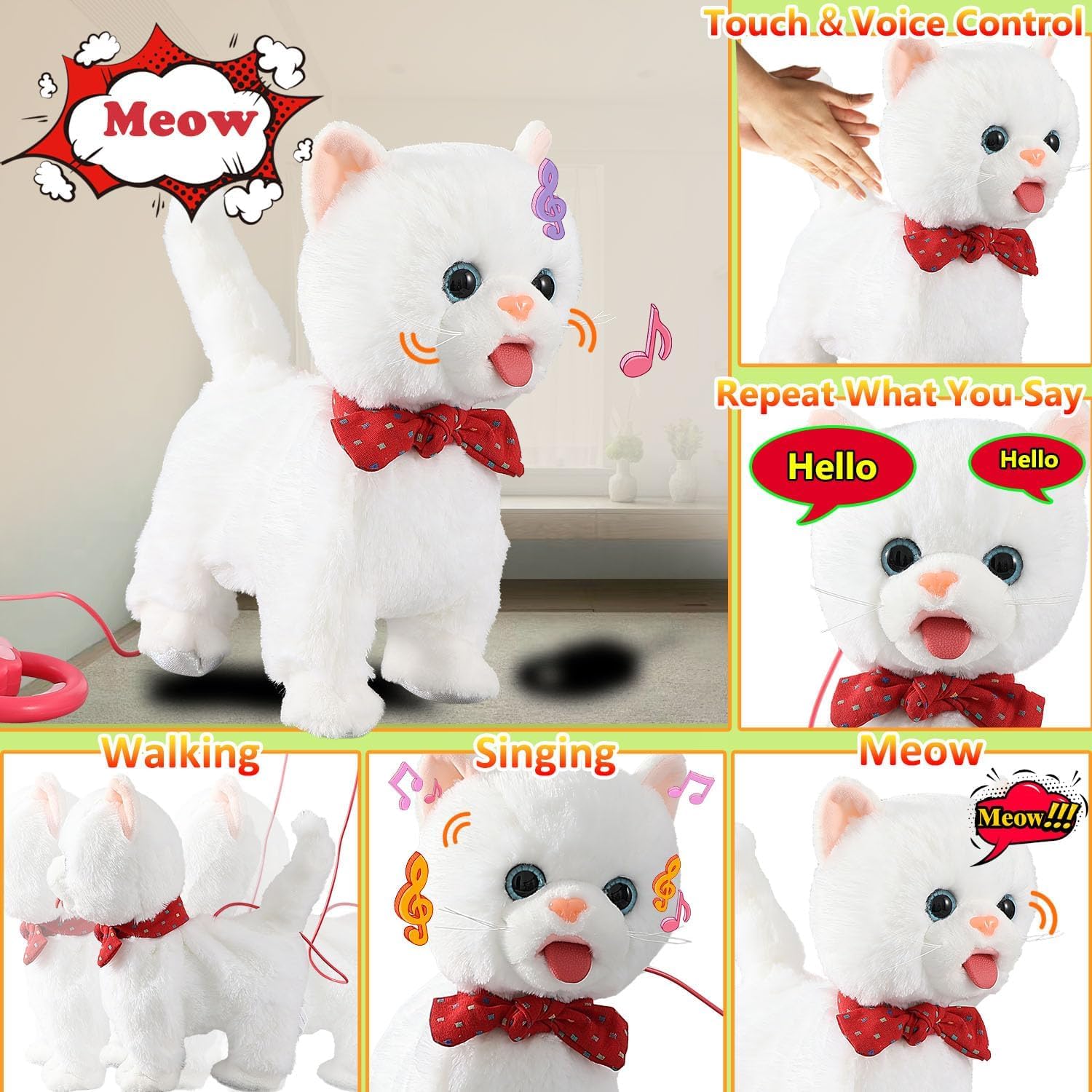 Marsjoy White Leash Walking Cat Set Interactive Talking Cat Singing Dancing Kitten Mimicking Repeat What You Say Kitty Touch and Voice Control Nodding Wagging Tail Plush Electric Kitty for Kid Girl - Image 3