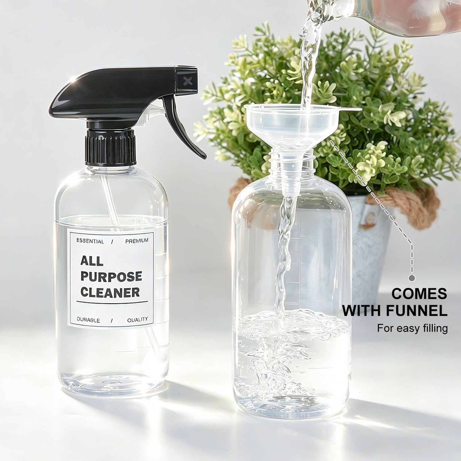 Spray Bottles 16 Oz 2-pack, 360° Any-Angle Spraying, Mist & Stream, Funnel