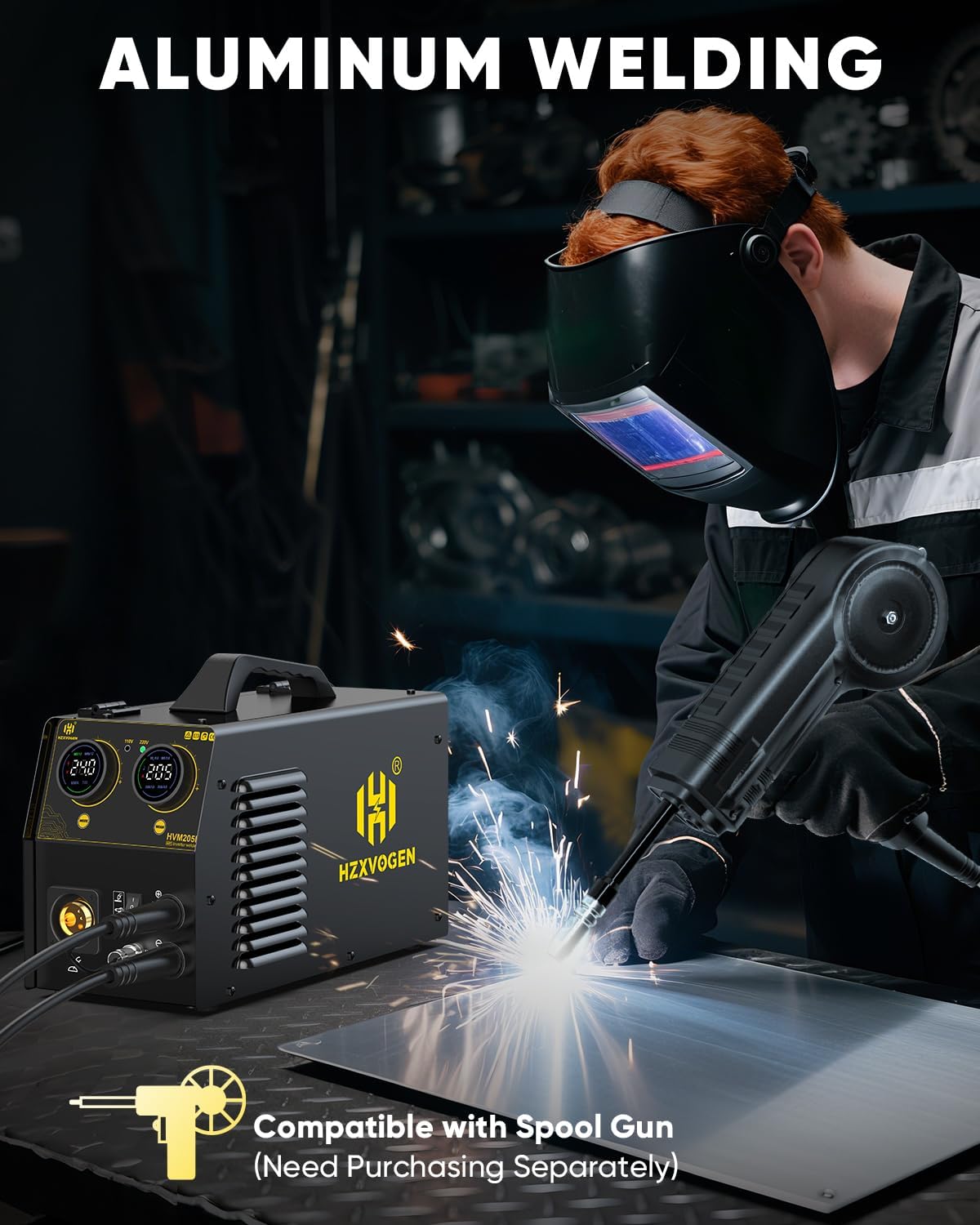 A welder using the HZXVOGEN HVM205P with a spool gun to weld aluminum, showing sparks and the welding process in action.