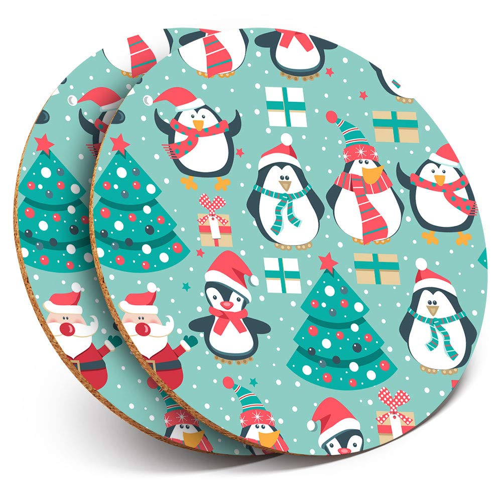 Destination Vinyl Ltd Multicolor 2 X Mdf Glossy Top Coasters Round - Festive Penguins Christmas Xmas 12333