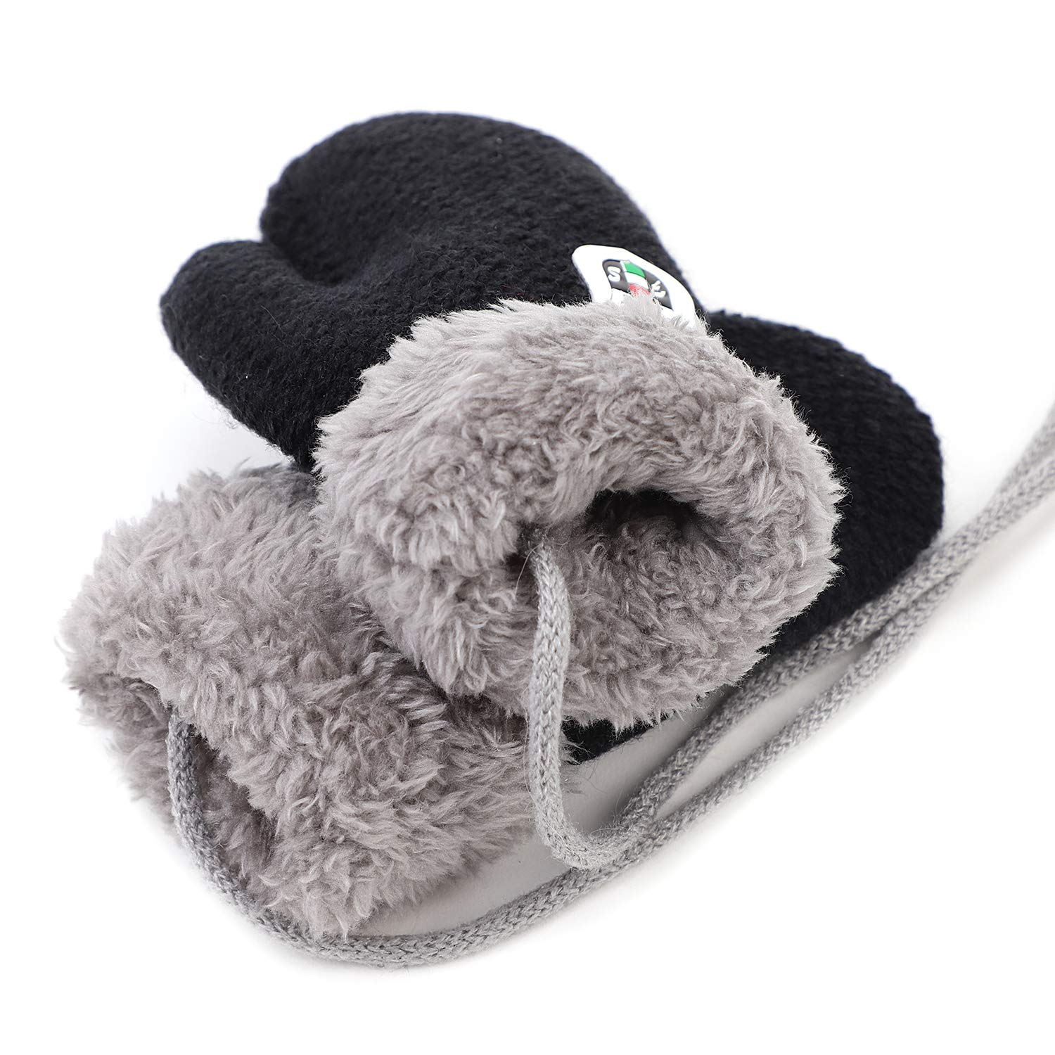 IBLUELOVER Moufles Enfant Bébé Filles Garçons Gants Hiver Gant de Ski Gants en Tricot Gloves Couleur Pure Gants Chauds Doublure Polaire Gants avec la Corde Tour du Cou Cadeau Noël 0-2 Ans