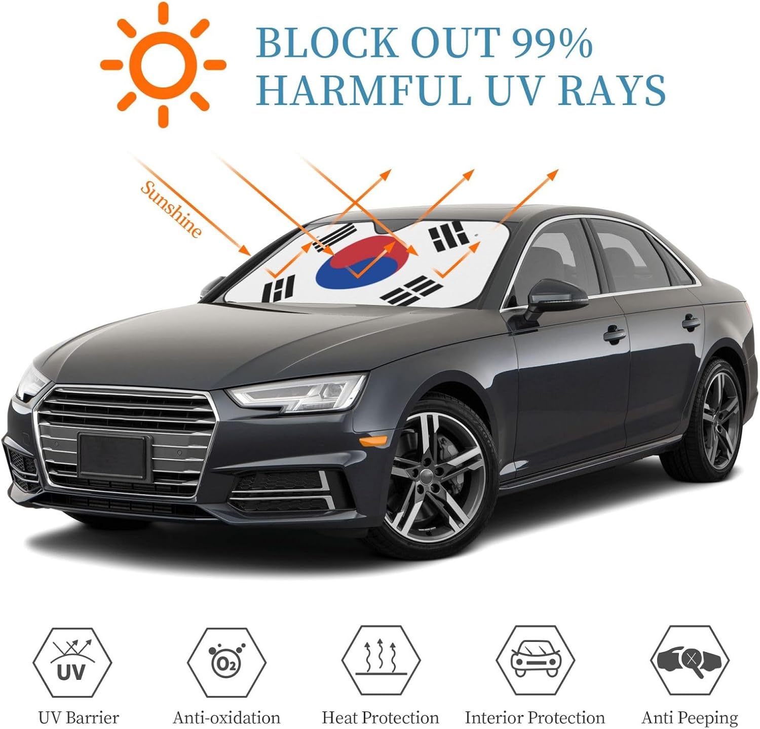 South Korea Flag Foldable Car Windshield Sunshade Blocks Heat and Sun Glare Uv Rays