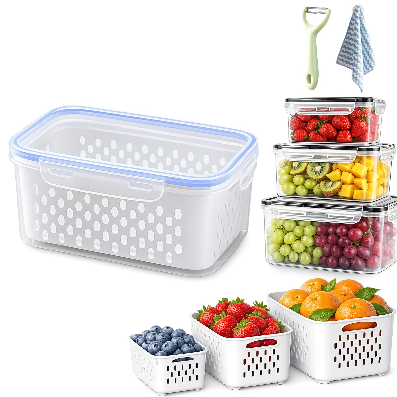 4-in-1 Produce Storage Containers, 3-Pack Set Fruit Storage Containers for Fridge with Removable Colander & Airtight Lids, Leak Proof Drain Basket for Fresh Vegetable Organization (Blue,Small)