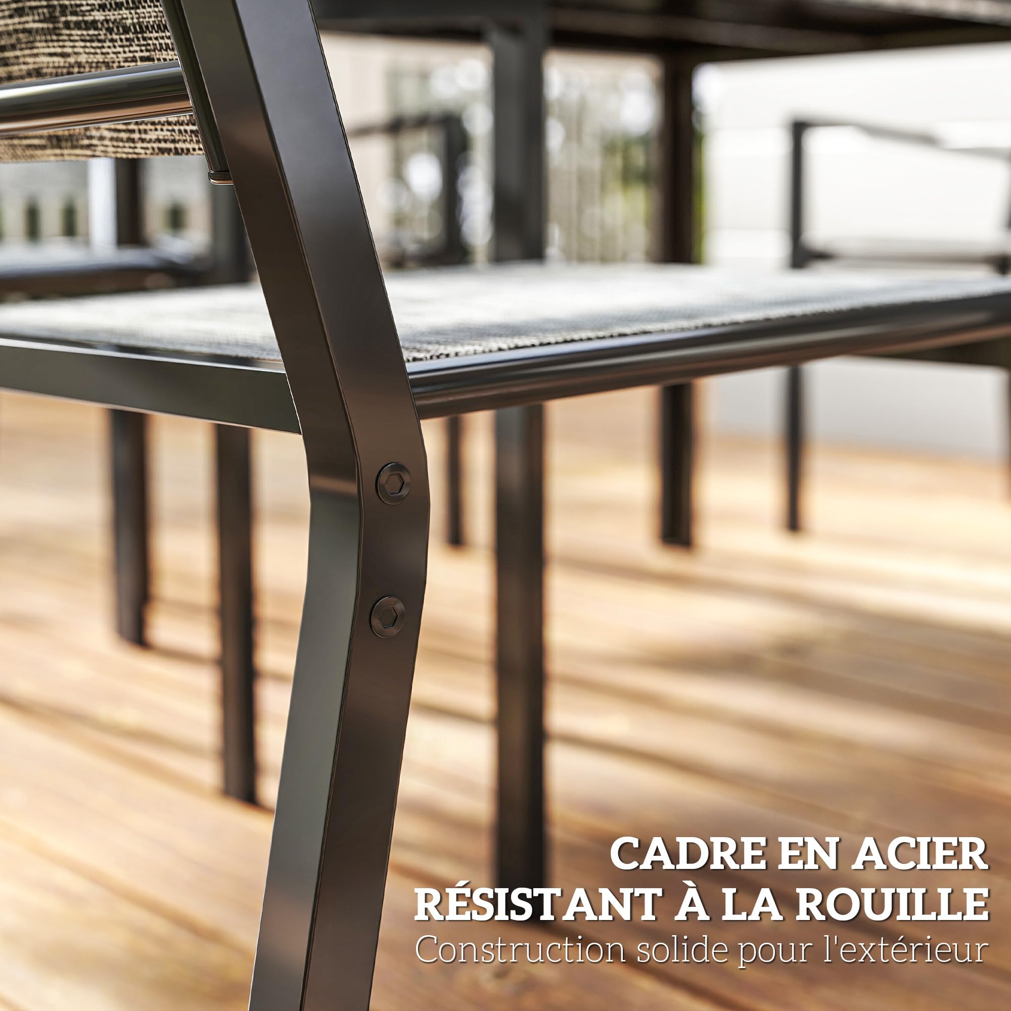 Outsunny Salon de Jardin extérieur 7 pièces, Table de Jardin extérieure avec 6 chaises empilables, Plateau à Lattes 150 cm, Structure en Acier Anti-Rouille, mobilier de Jardin, terrasse, Patio, Noir