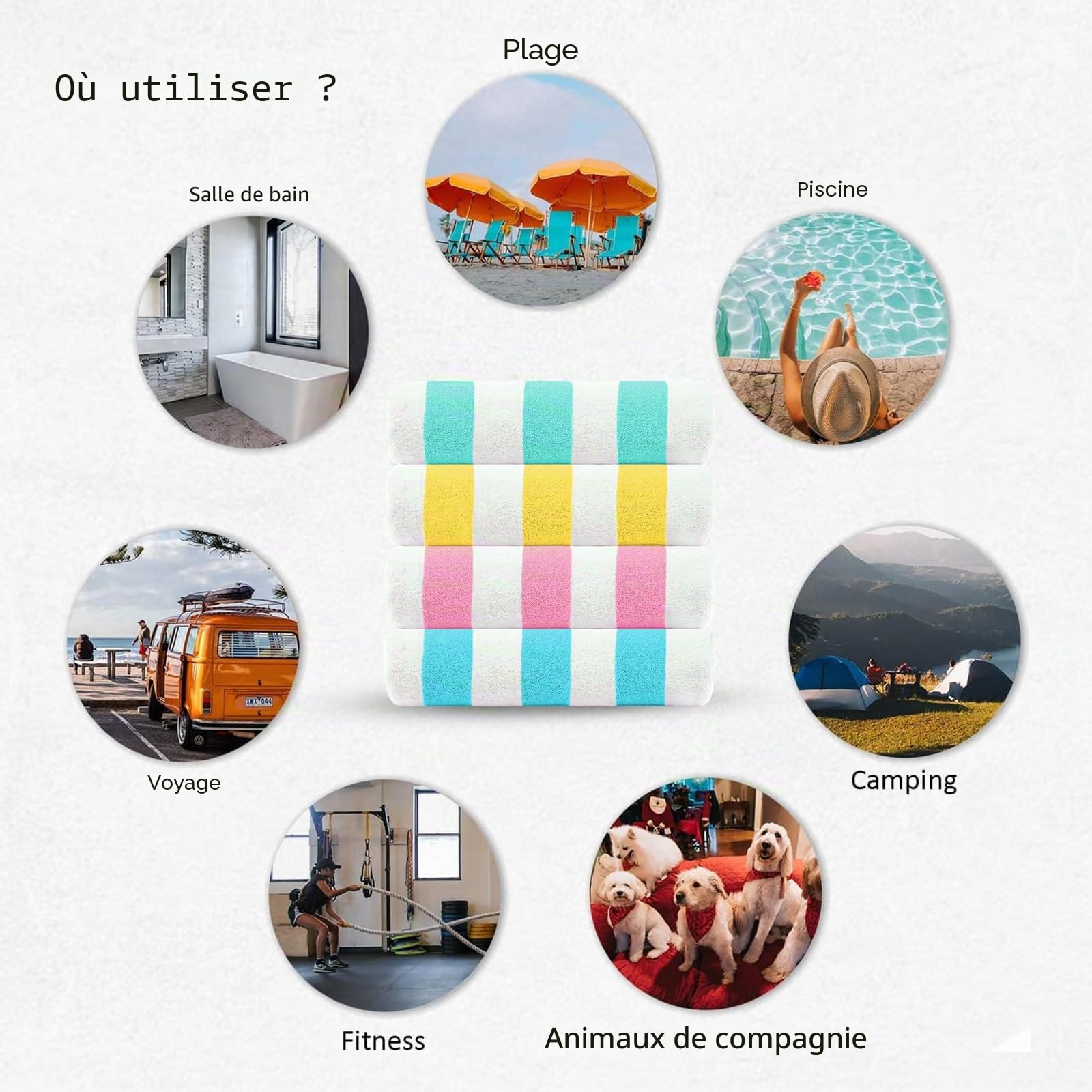Casa Copenhagen Lot Cadeau de 4 Serviettes de Plage Cabana aux Rayures Design Turquoise, Citron, Rose, Bleu Glacier XL Taille 76x152cm 100% Coton pour Piscine et Bain Coffret pour Femmes et Hommes